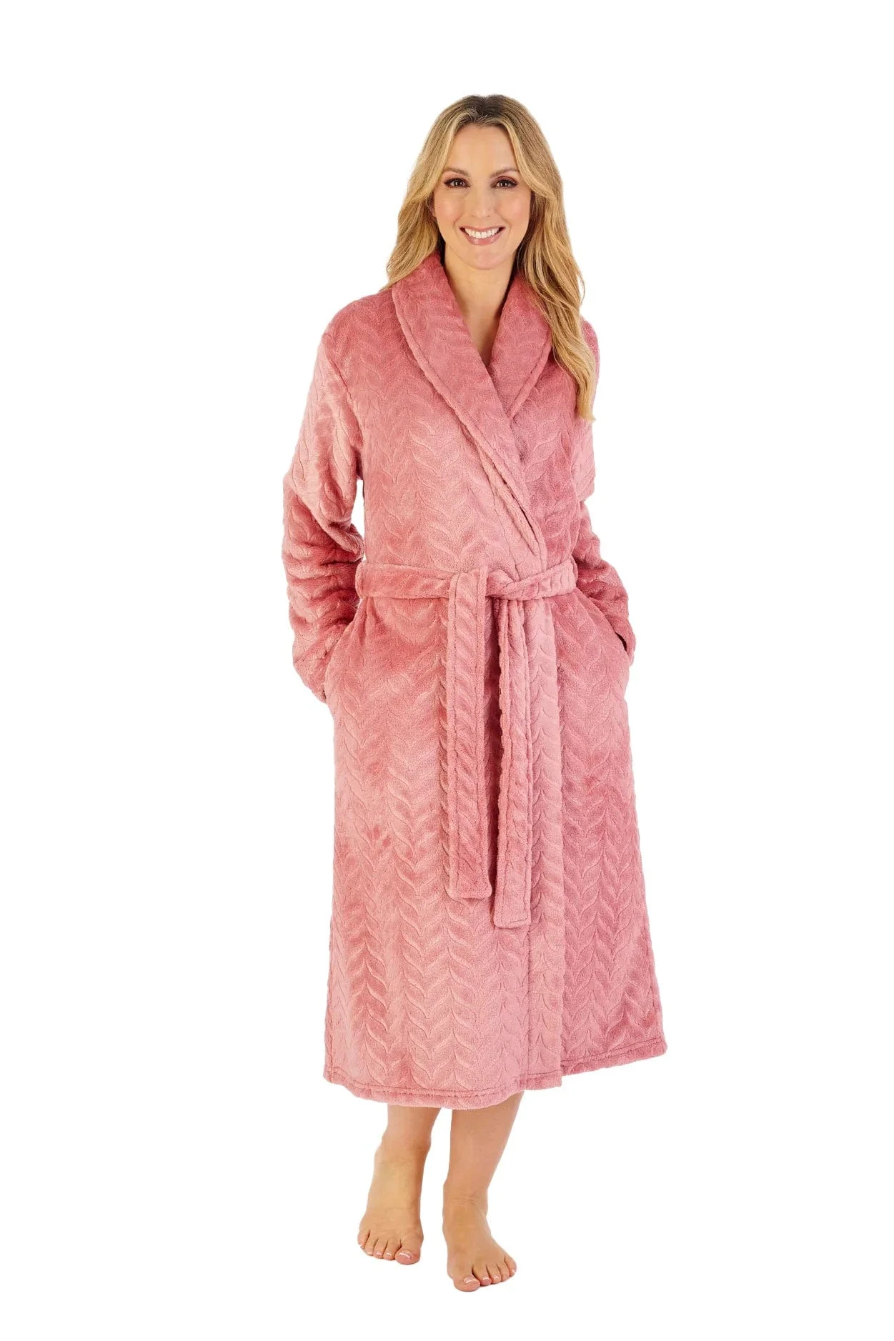Embossed Pattern Fleece 46 Inch Dressing Gown - Pink - Image 4