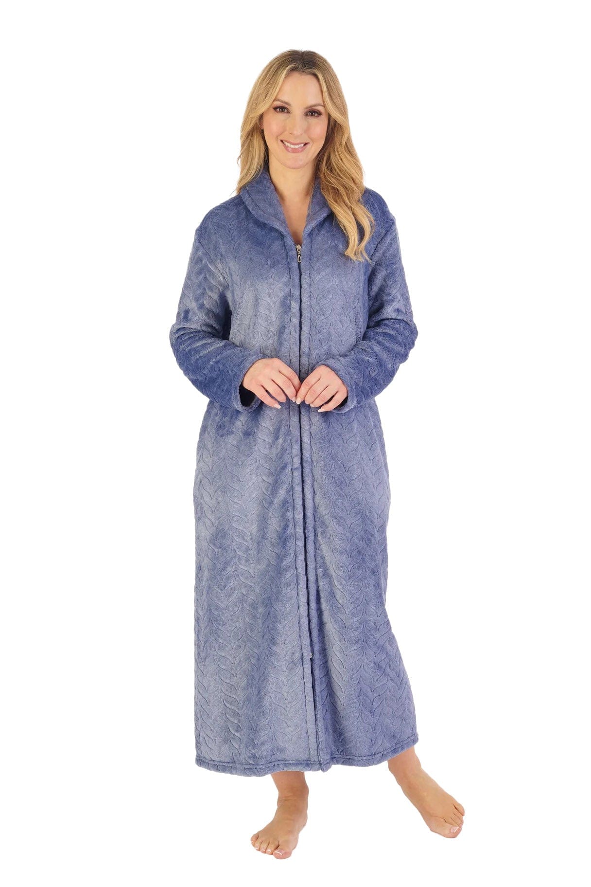 Embossed Pattern Fleece 46 Inch Zip Through Housecoat - Grey