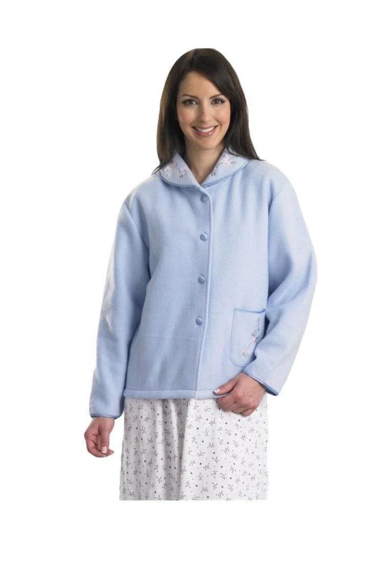 Embroidered Fleece Collar Style Bed Jacket - Blue