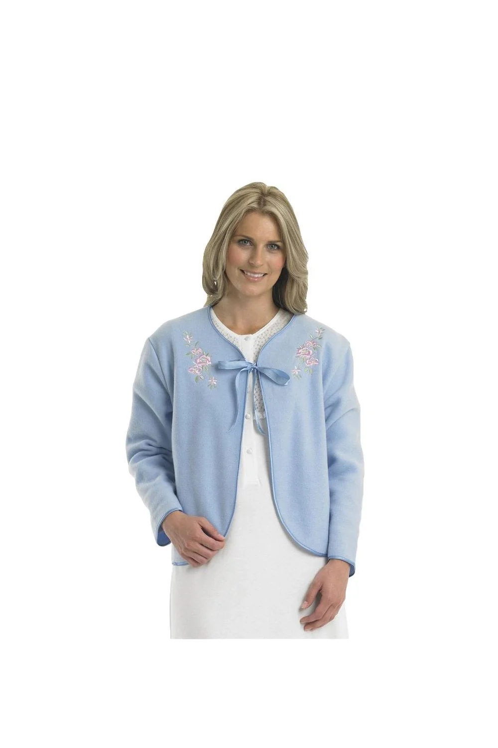 Embroidered Fleece Tie Bed Jacket - Blue