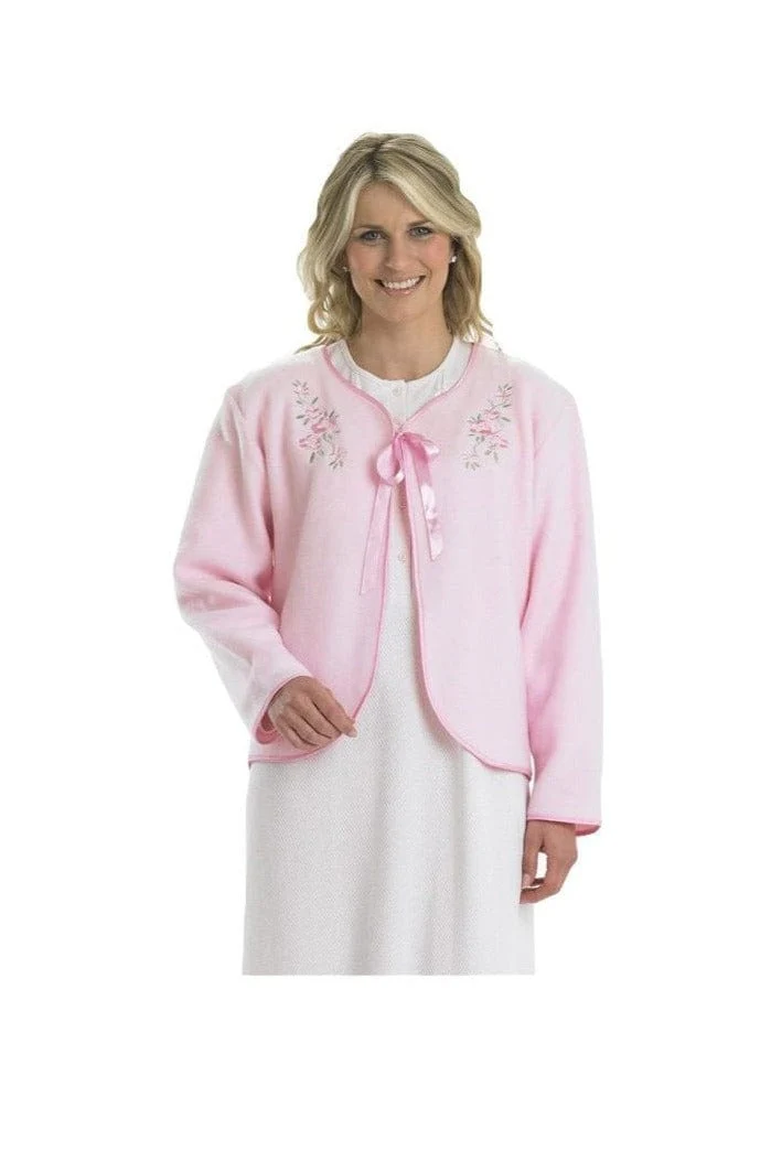 Embroidered Fleece Tie Bed Jacket - Pink