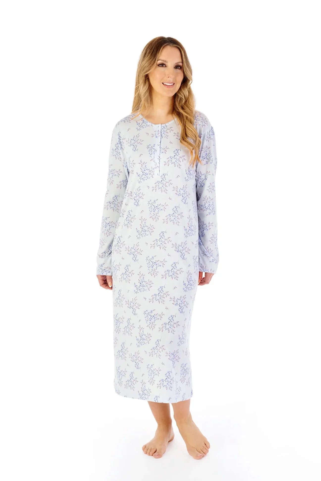 Floral Print Bamboo Jersey Long Sleeve Nightdress - Blue