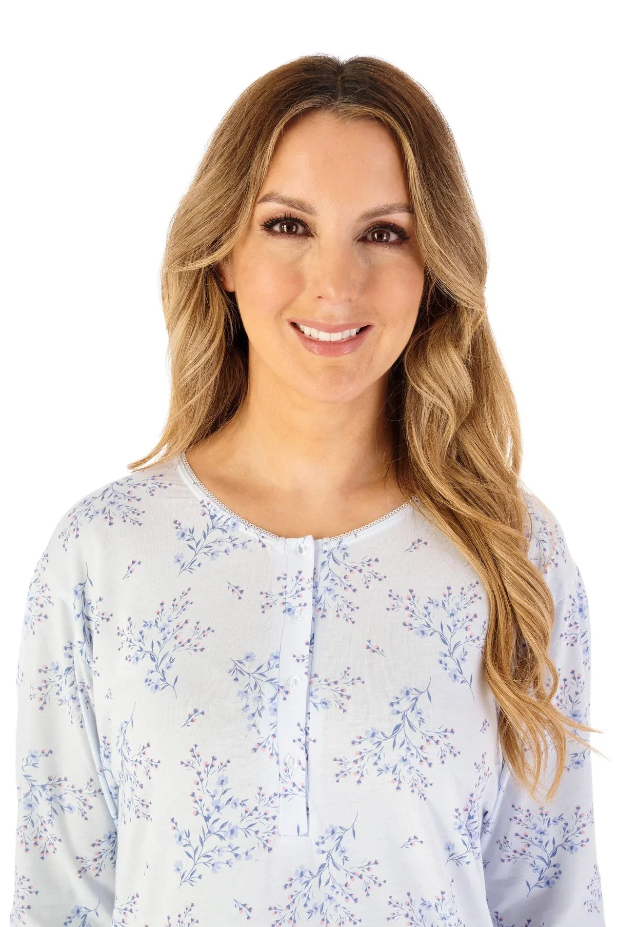 Floral Print Bamboo Jersey Long Sleeve Nightdress - Blue - Image 2
