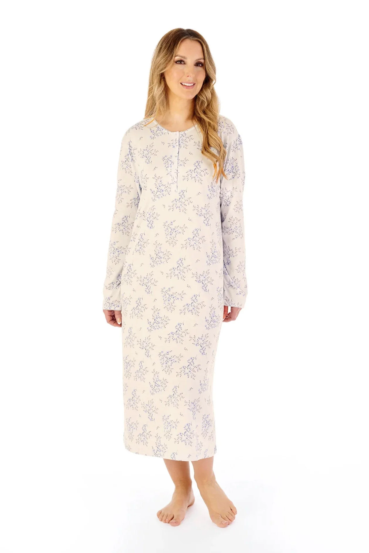 Floral Print Bamboo Jersey Long Sleeve Nightdress - Ivory