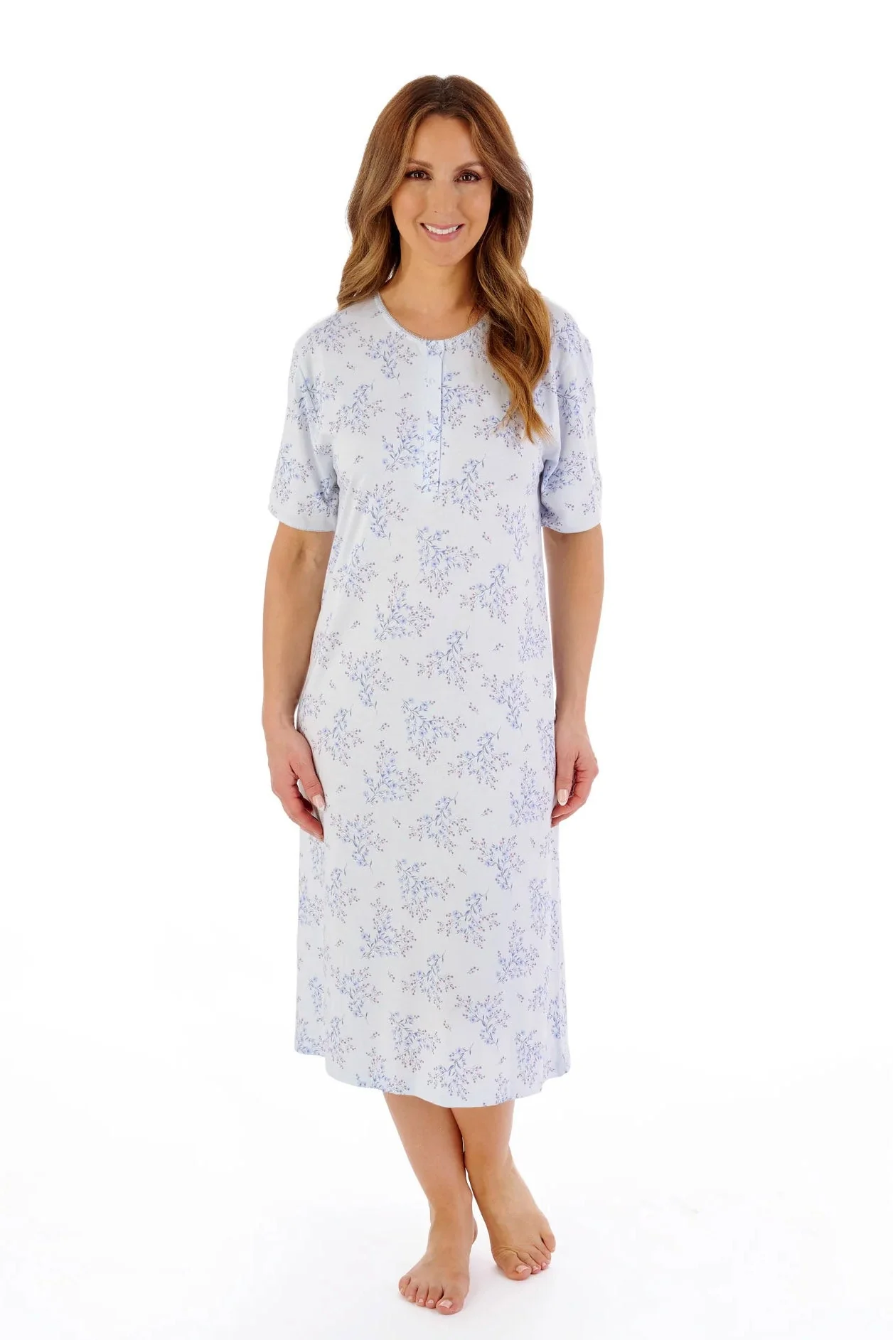 Floral Print Bamboo Jersey Short Sleeve Nightdress - Blue