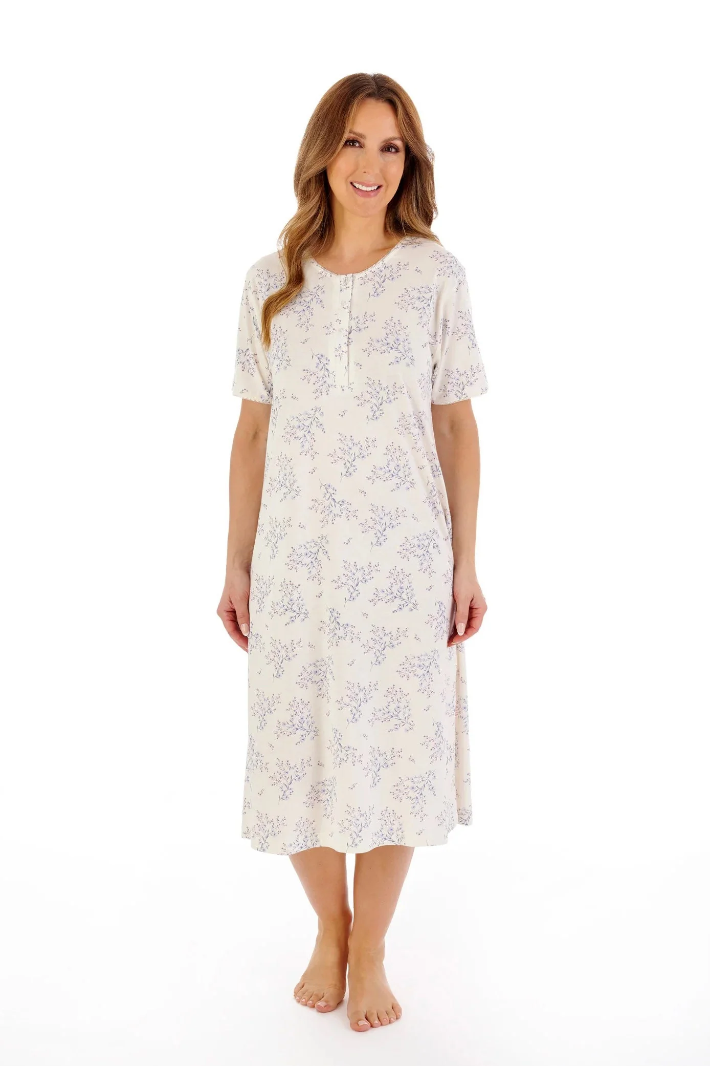 Floral Print Bamboo Jersey Short Sleeve Nightdress - Ivory