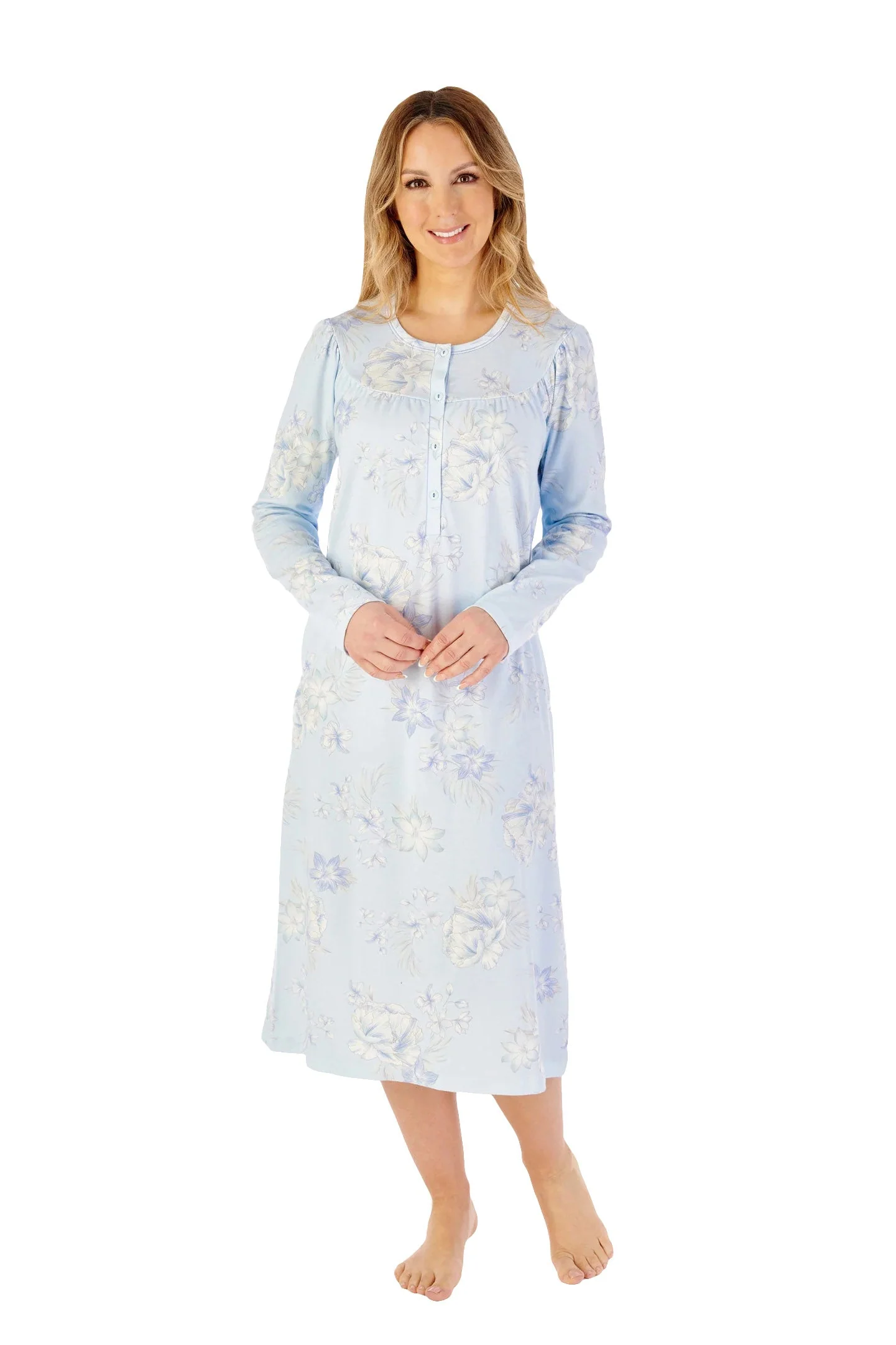 Jersey Floral 43 Inch Long Sleeve Nightdress - Blue
