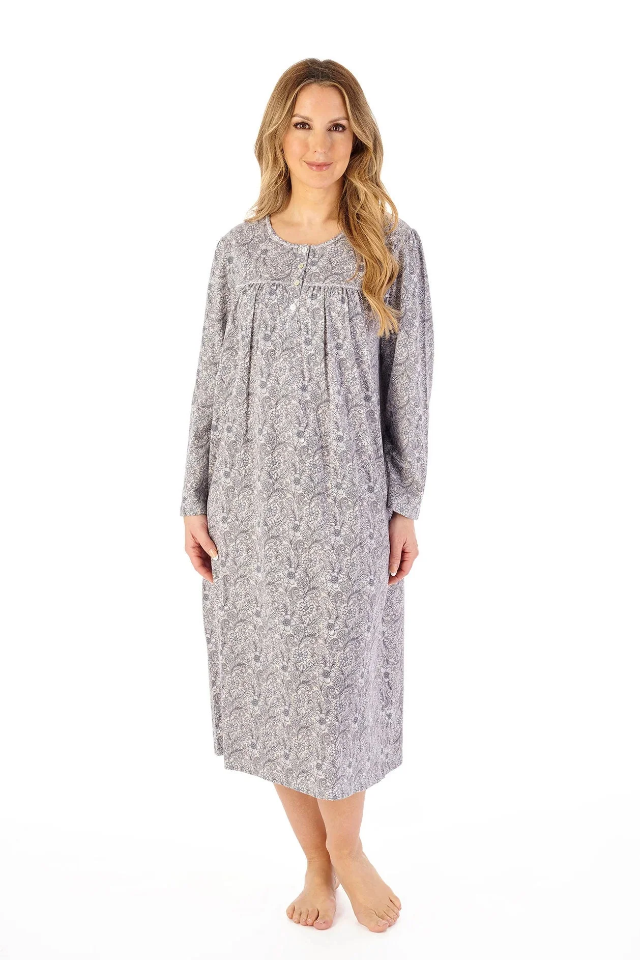 Jersey Floral 45 Inch Long Sleeve Nightdress - Grey