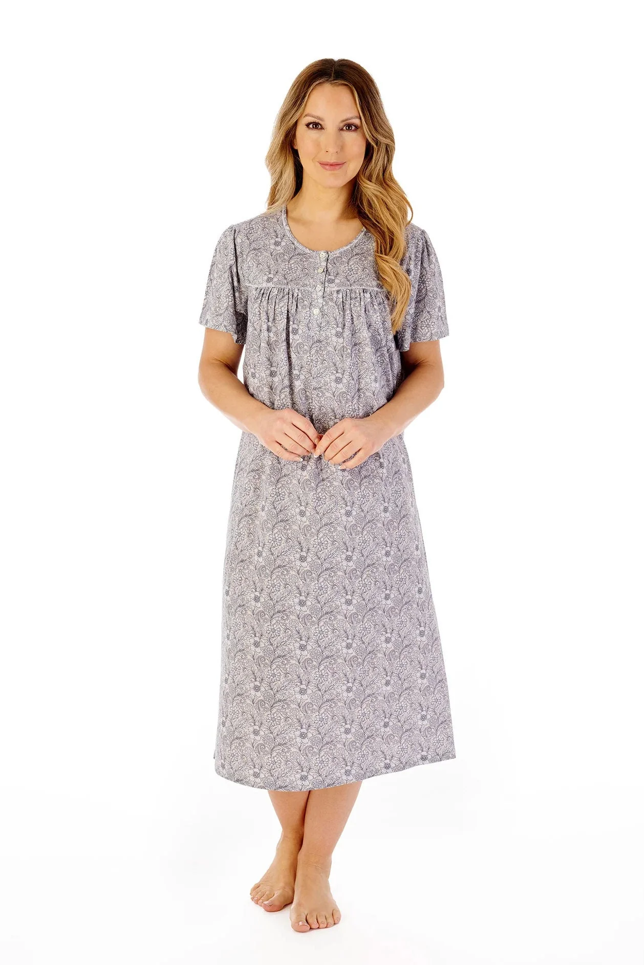 Jersey Floral 45 Inch Short Sleeve Nightdress - Grey
