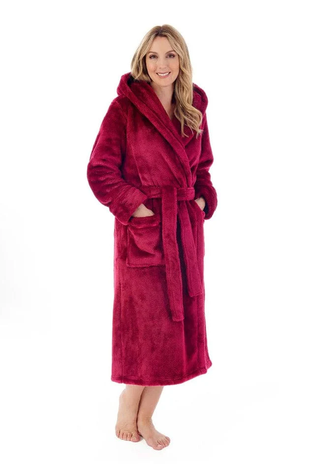 Luxury 48 Inch Hooded Fleece Dressing Gown - Raspberry