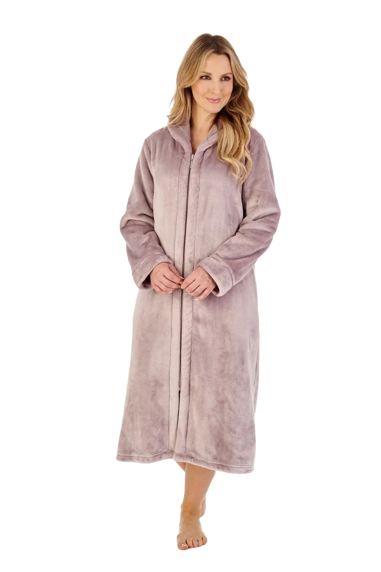 Luxury 48 Inch Zip Through Fleece Dressing Gown - Mink - Image 4