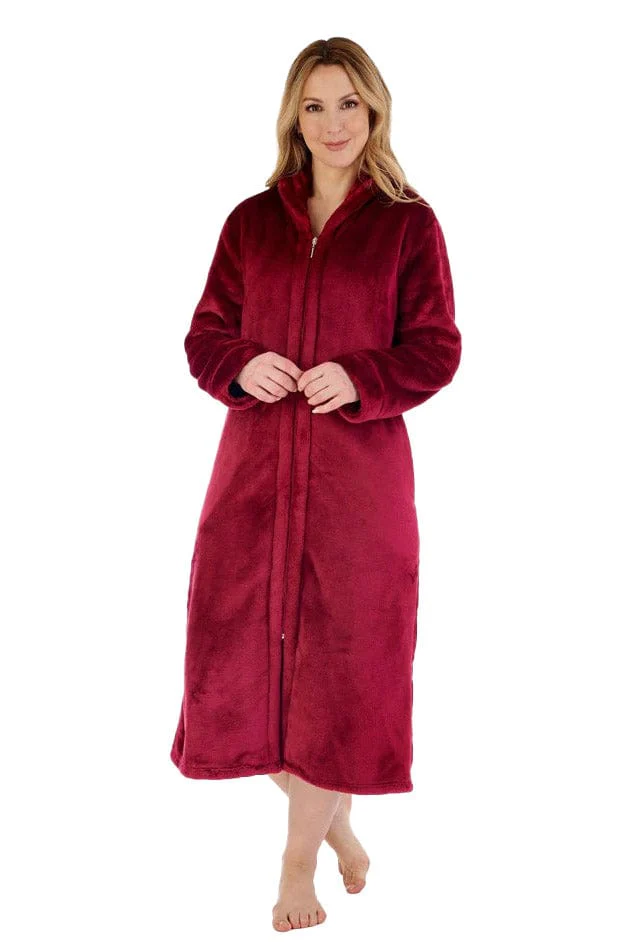 Luxury 48 Inch Zip Through Fleece Dressing Gown - Raspberry