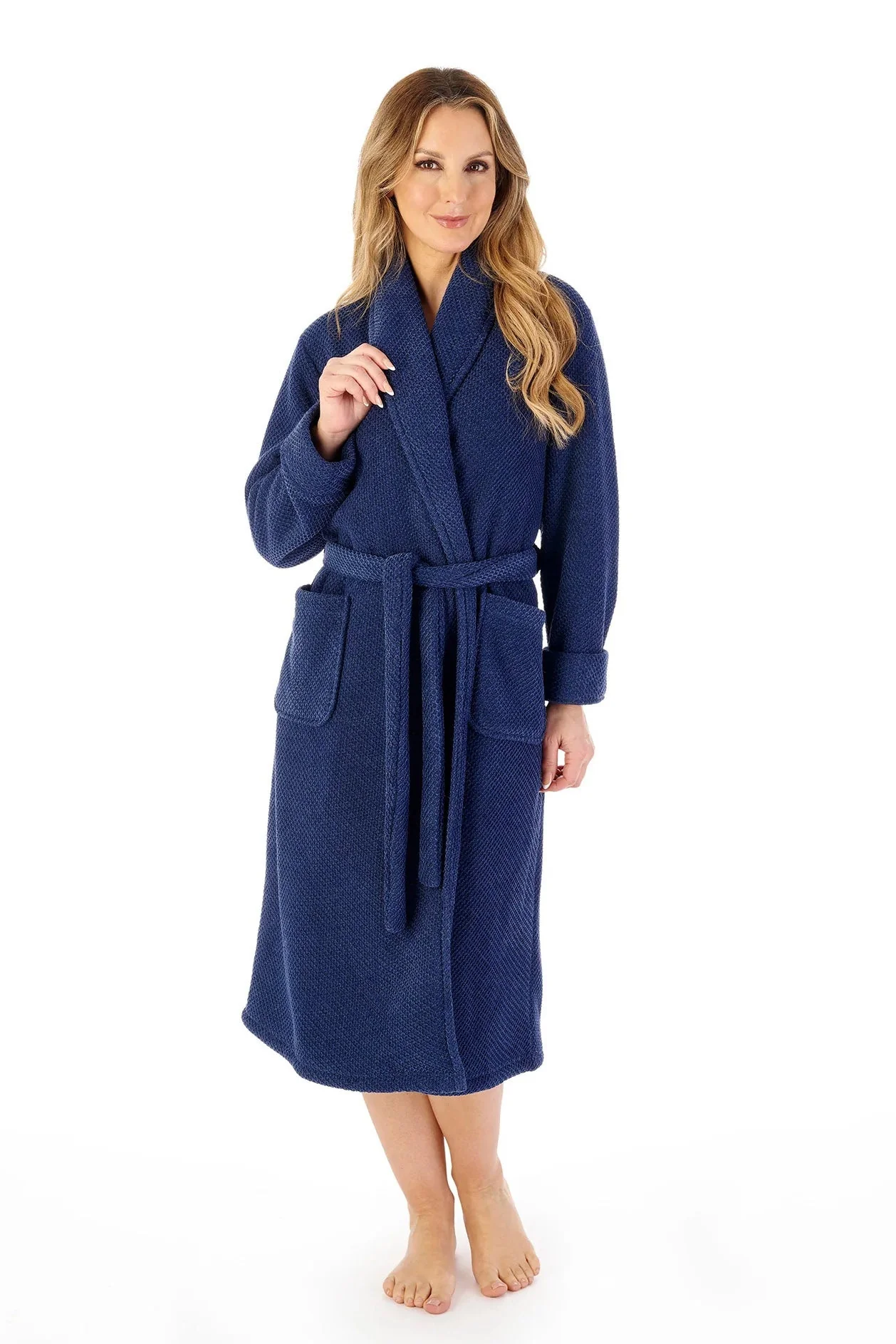 Soft Waffle Faux Fur Lined 46 Inch Dressing Gown - Navy