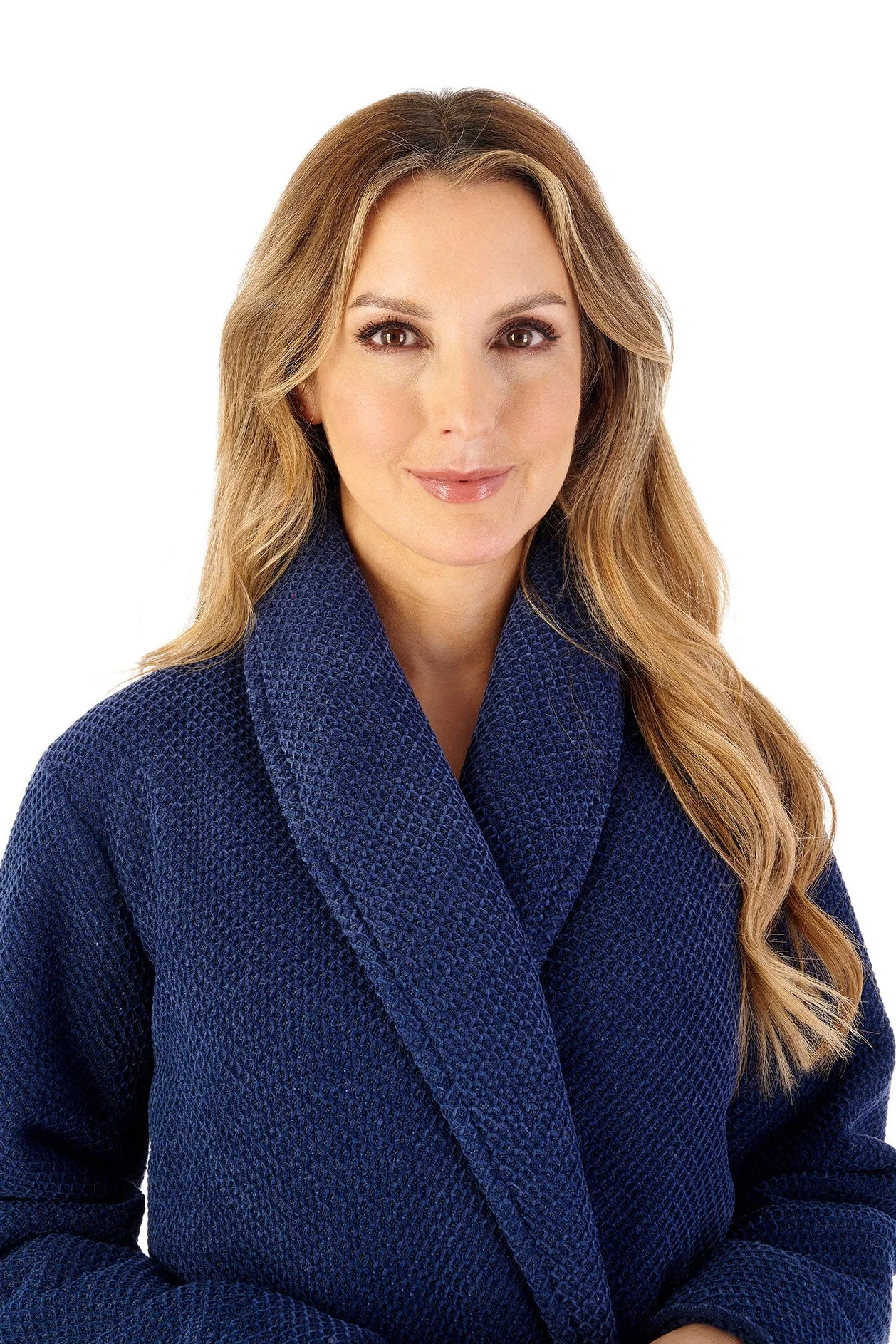 Soft Waffle Faux Fur Lined 46 Inch Dressing Gown - Navy - Image 2