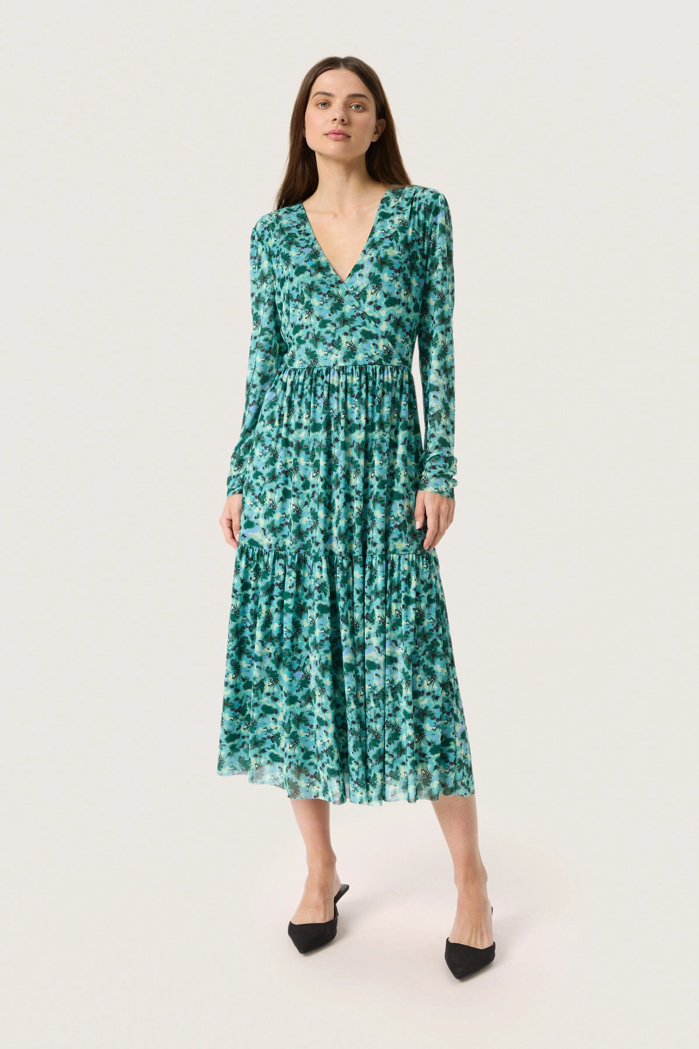 Aldora Nora Mesh Long Sleeve Midi Dress - Green Brushed Floral - Image 2