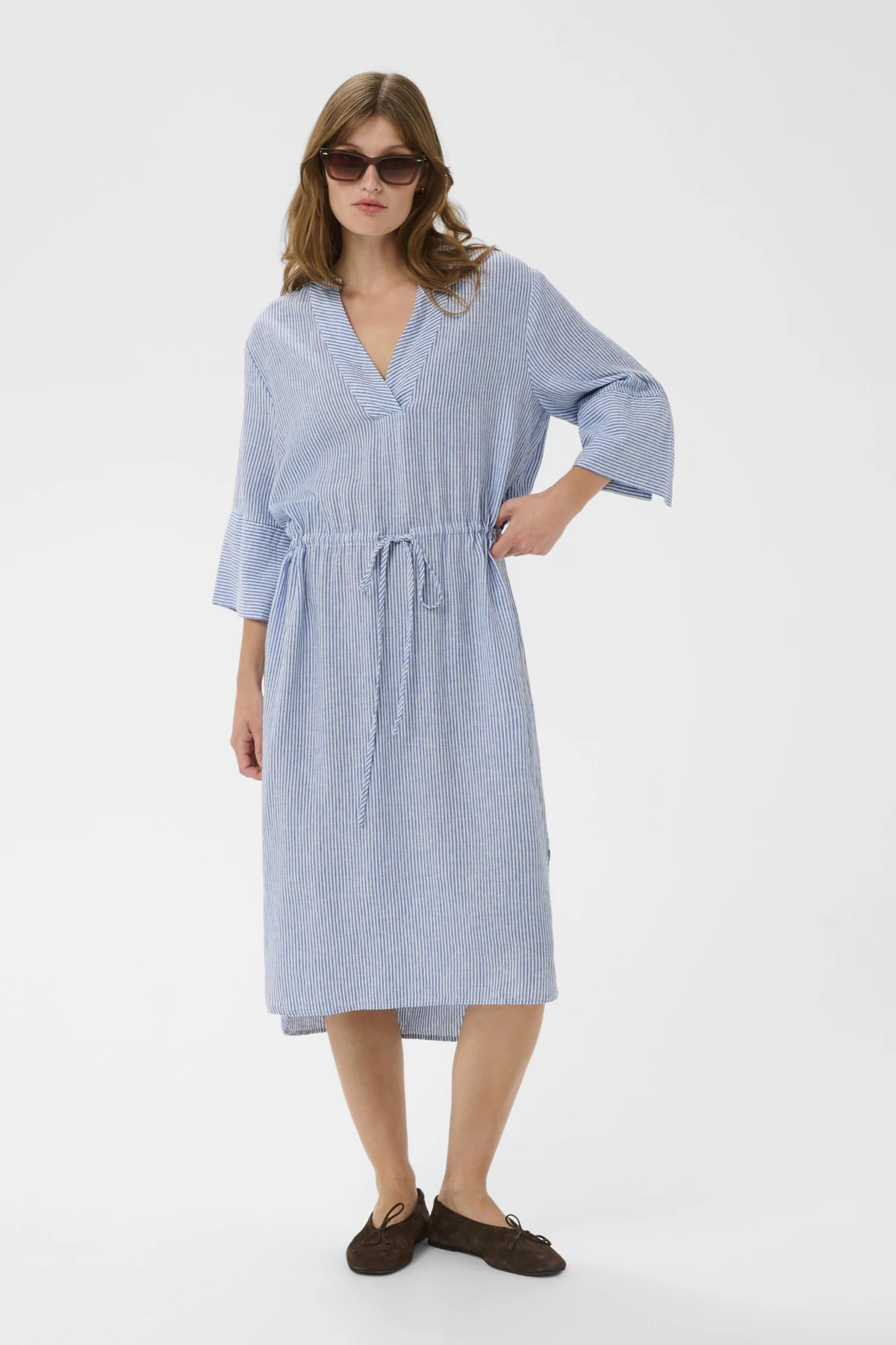 Aria Stripe Linen Blend Midi Dress - Regatta and White Stripe - Image 2