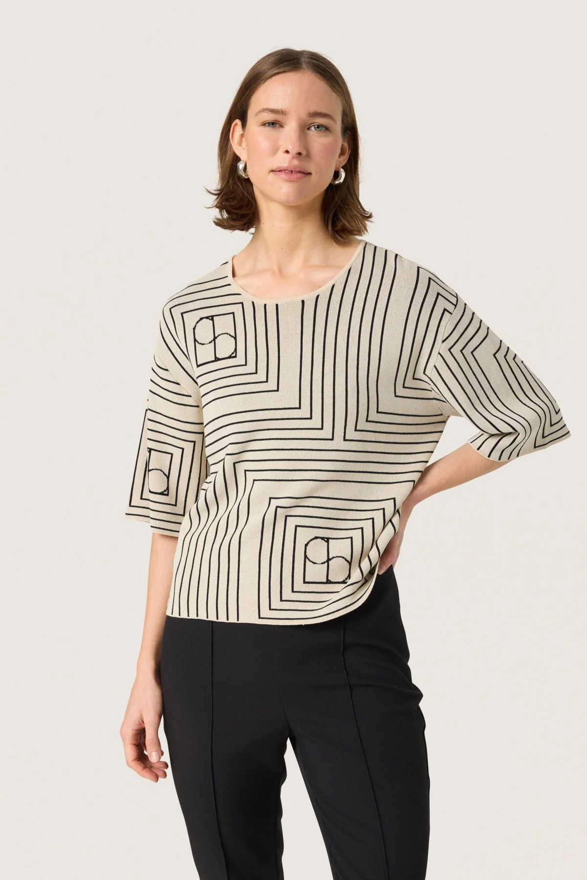 Indianna Short Sleeve Jumper - Oatmeal with Black Monogram - Image 2