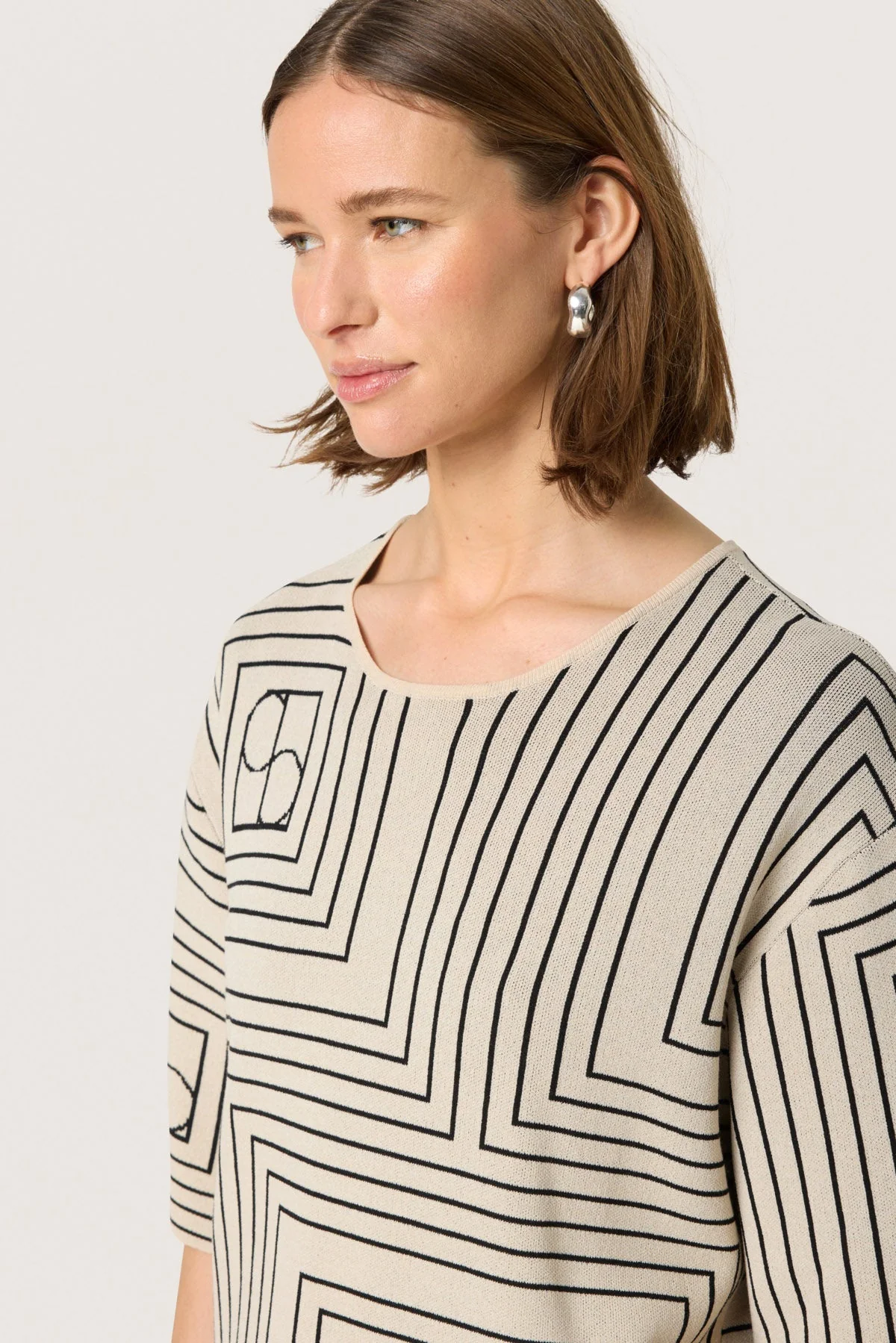 Indianna Short Sleeve Jumper - Oatmeal with Black Monogram - Image 4