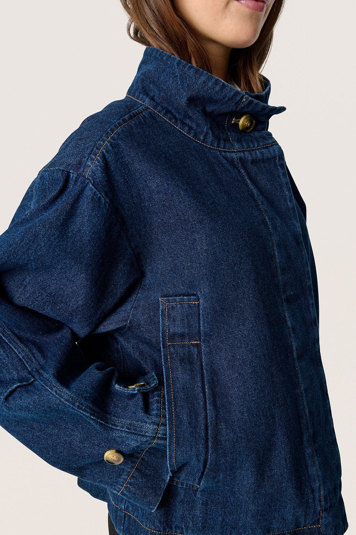 Jannine Cade Stand Collar Denim Jacket - Dark Blue Denim - Image 6