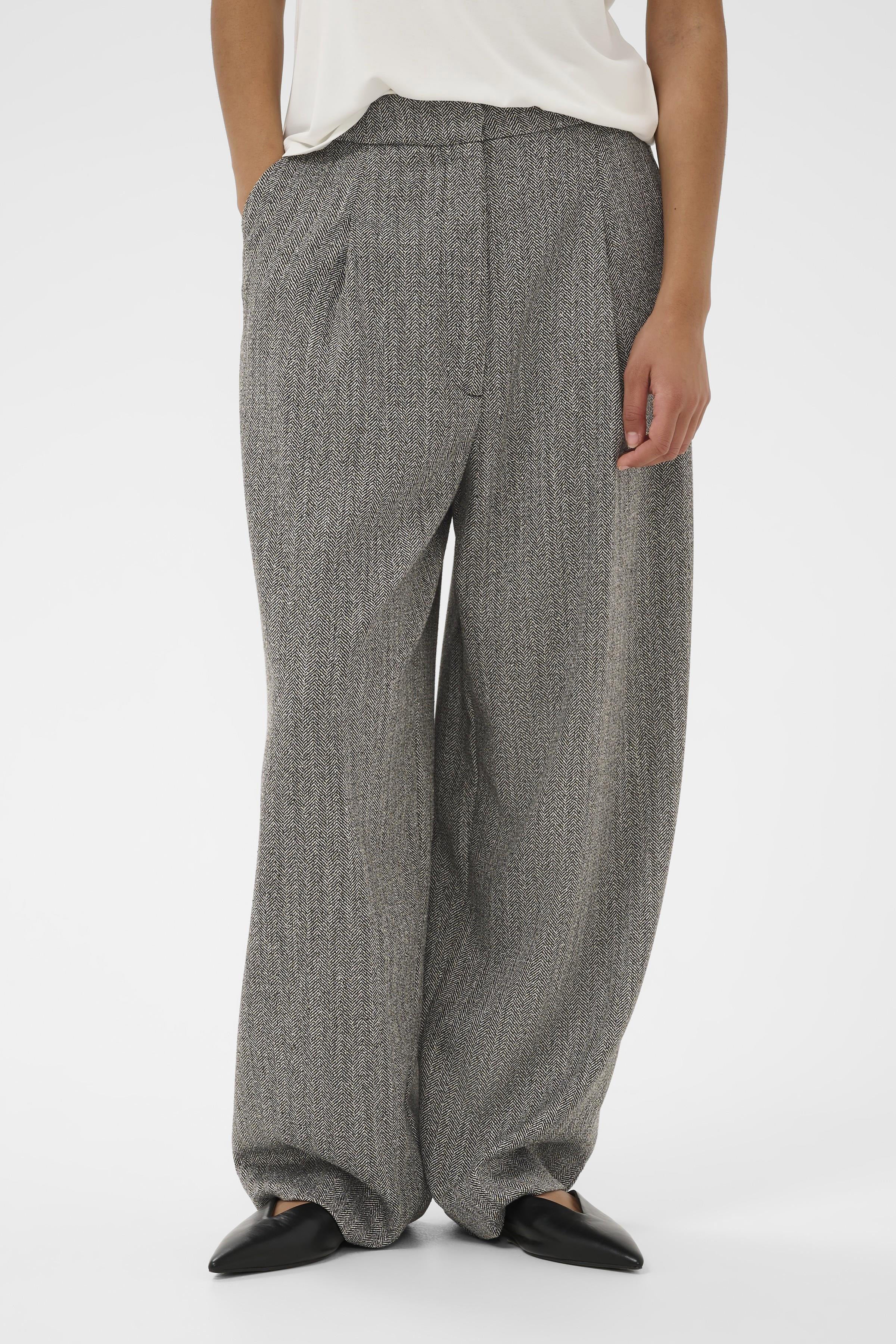 Nanine Barrel Leg Trousers - Grey Herringbone