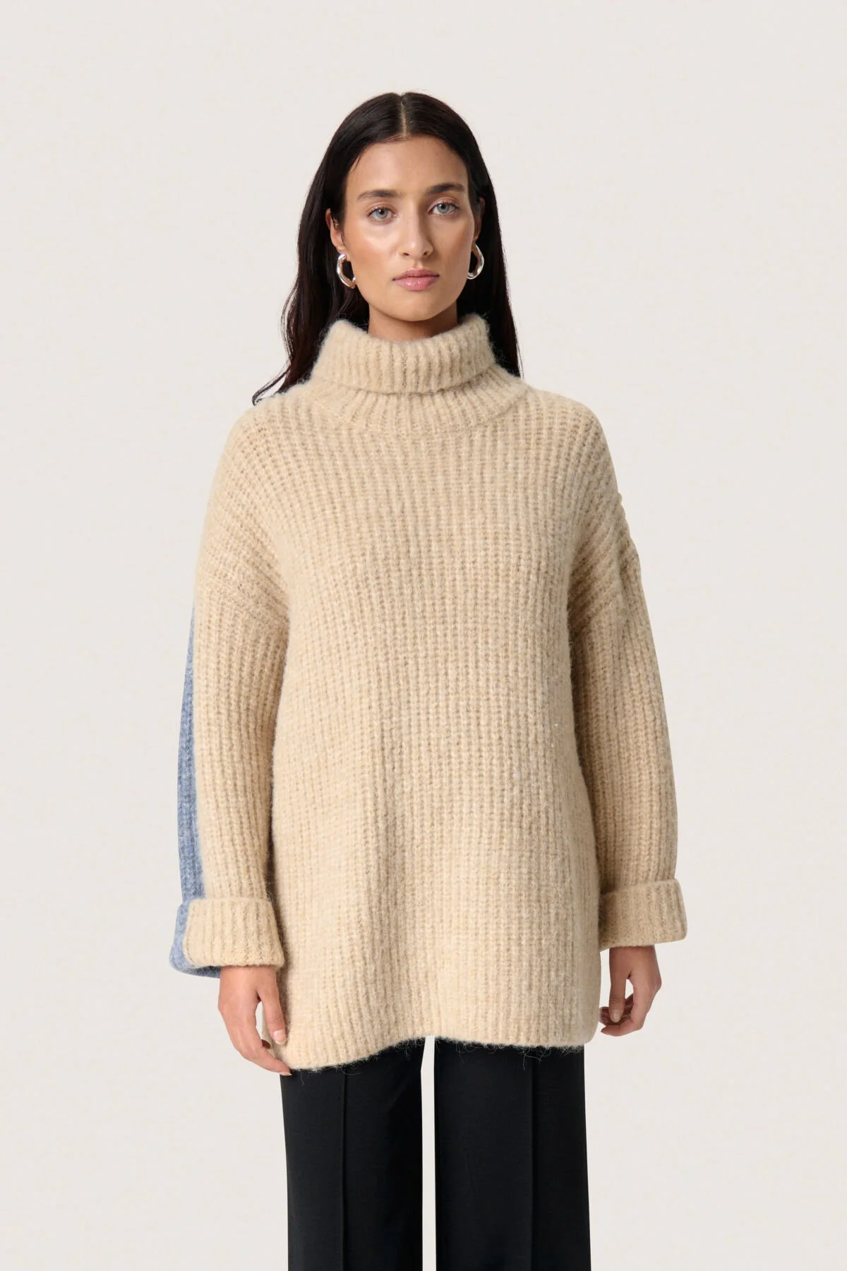 Pleoni Contrast Back Wool Blend Jumper - Doeskin and Blue Melange - Image 5