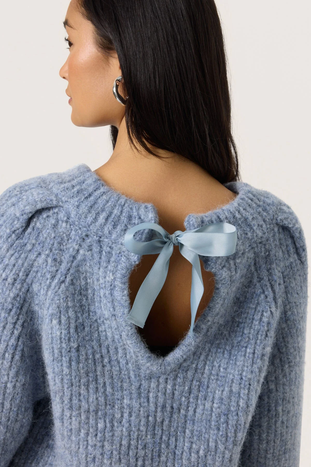 Pleoni Tie Detail Back Wool Blend Jumper - Bijou Blue Melange - Image 2
