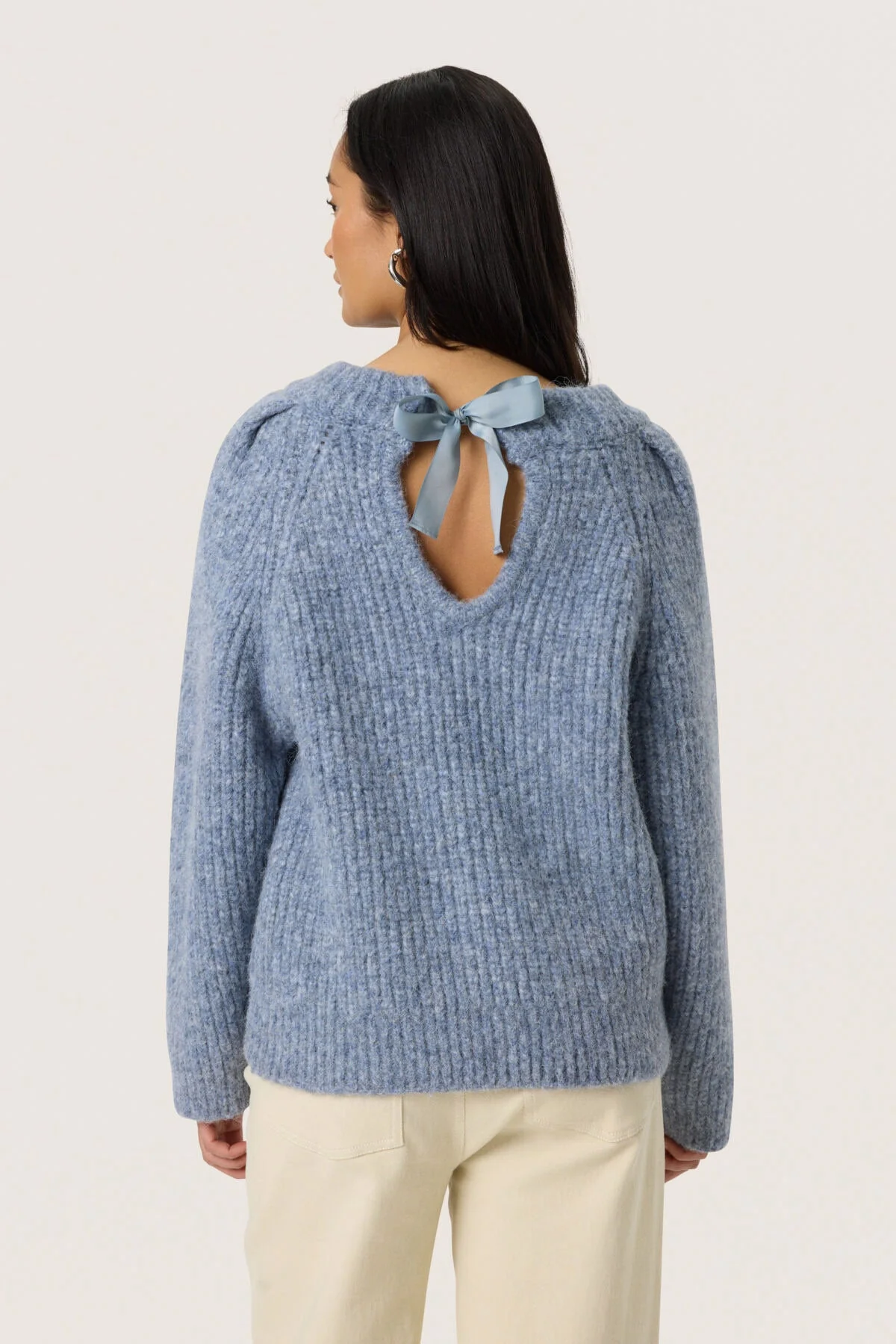 Pleoni Tie Detail Back Wool Blend Jumper - Bijou Blue Melange - Image 5