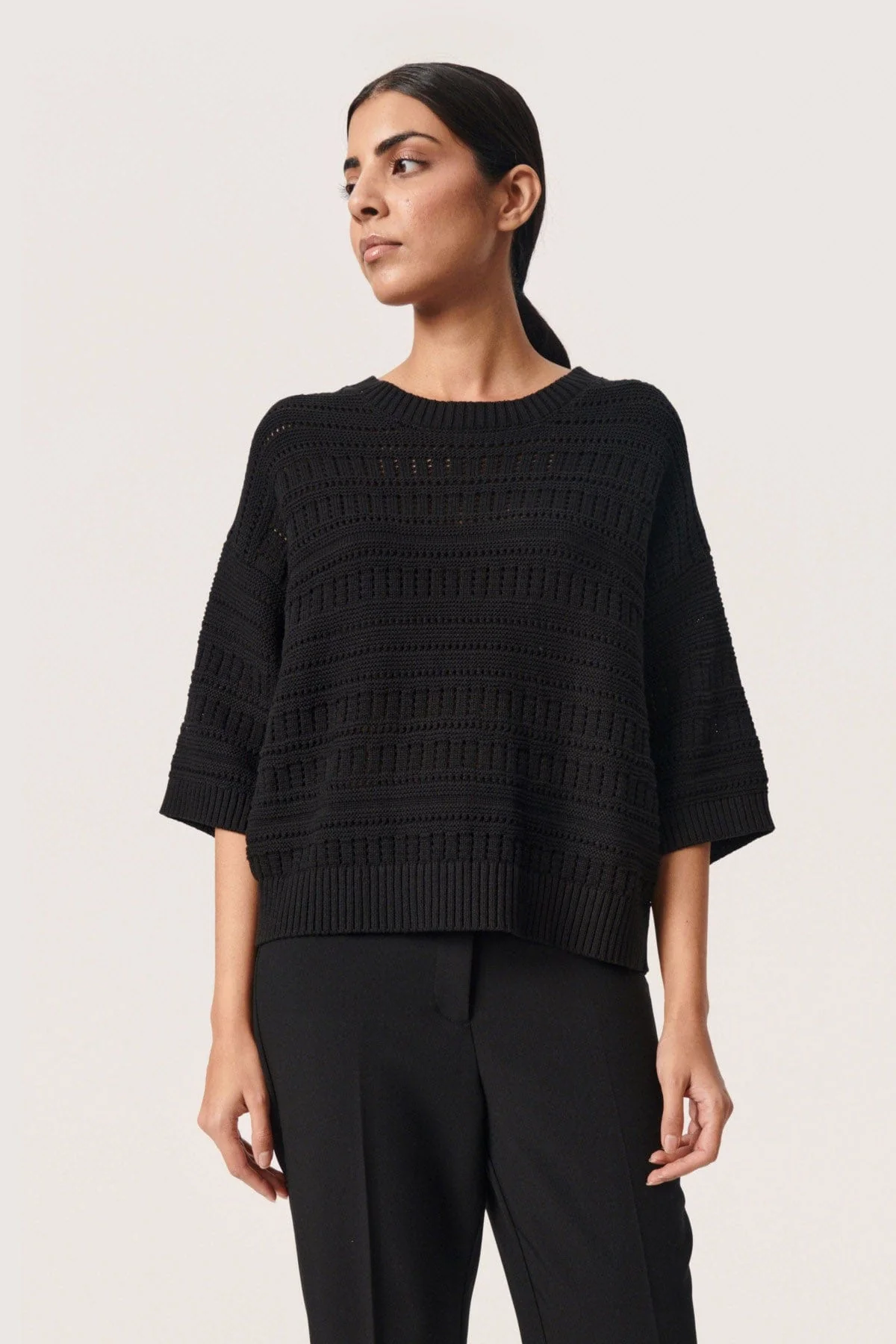 Rava Pointelle Knit Short Sleeve Jumper - Black - Image 2