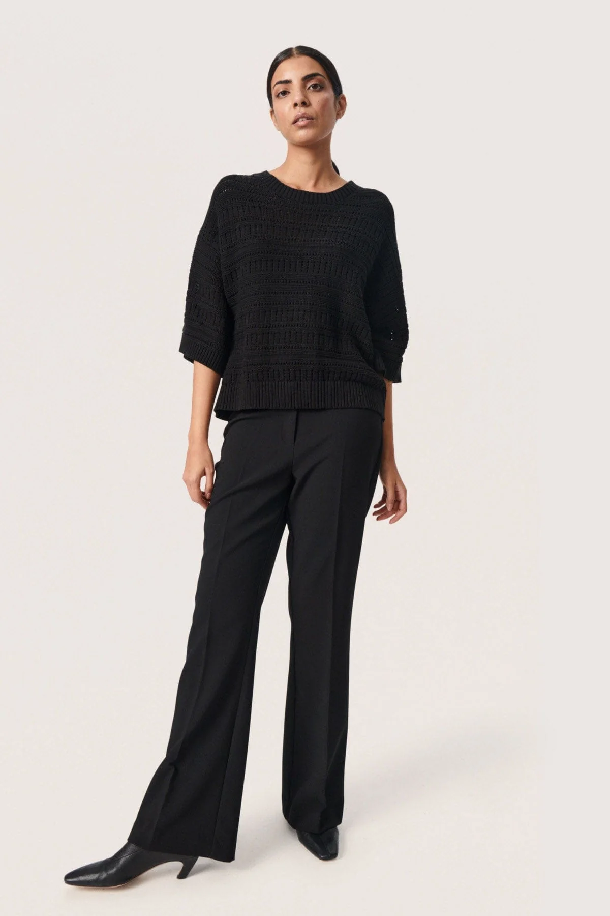 Rava Pointelle Knit Short Sleeve Jumper - Black - Image 4
