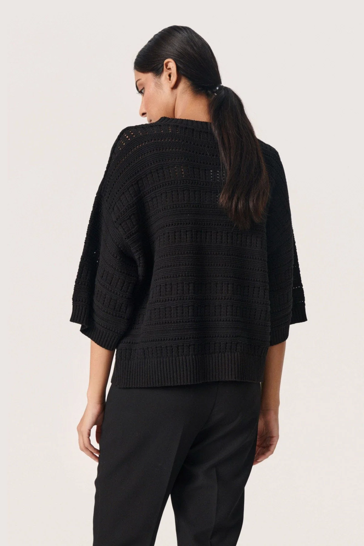 Rava Pointelle Knit Short Sleeve Jumper - Black - Image 9