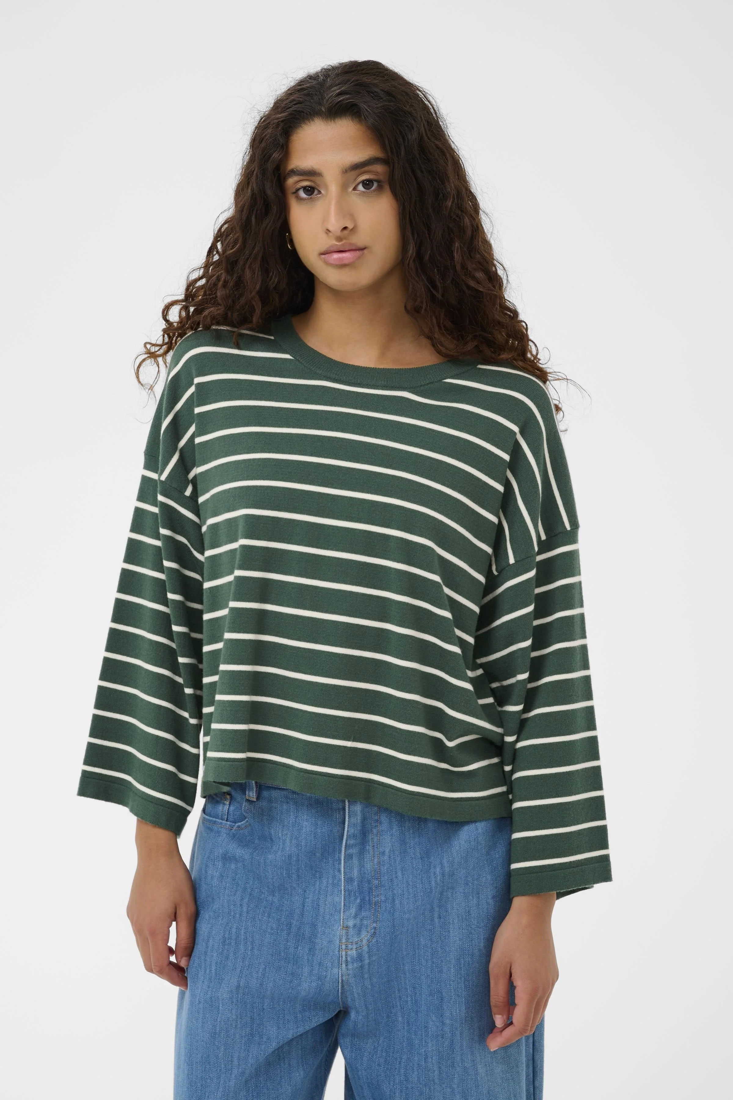 Spina Stripe Boxy Pullover Cropped - Trekking Green/White - Image 2