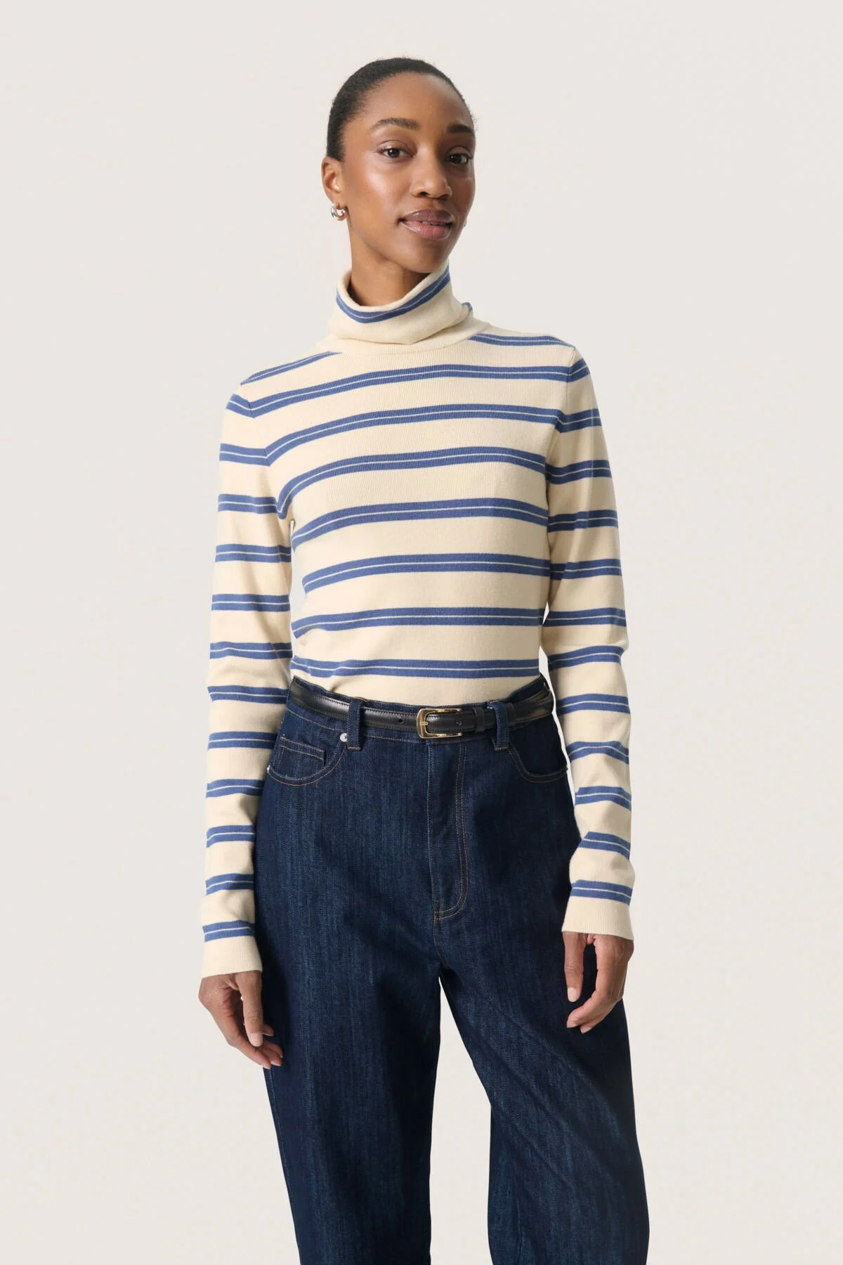 Spina Striped Rollneck - Sandshell with Bijou Blue - Image 2