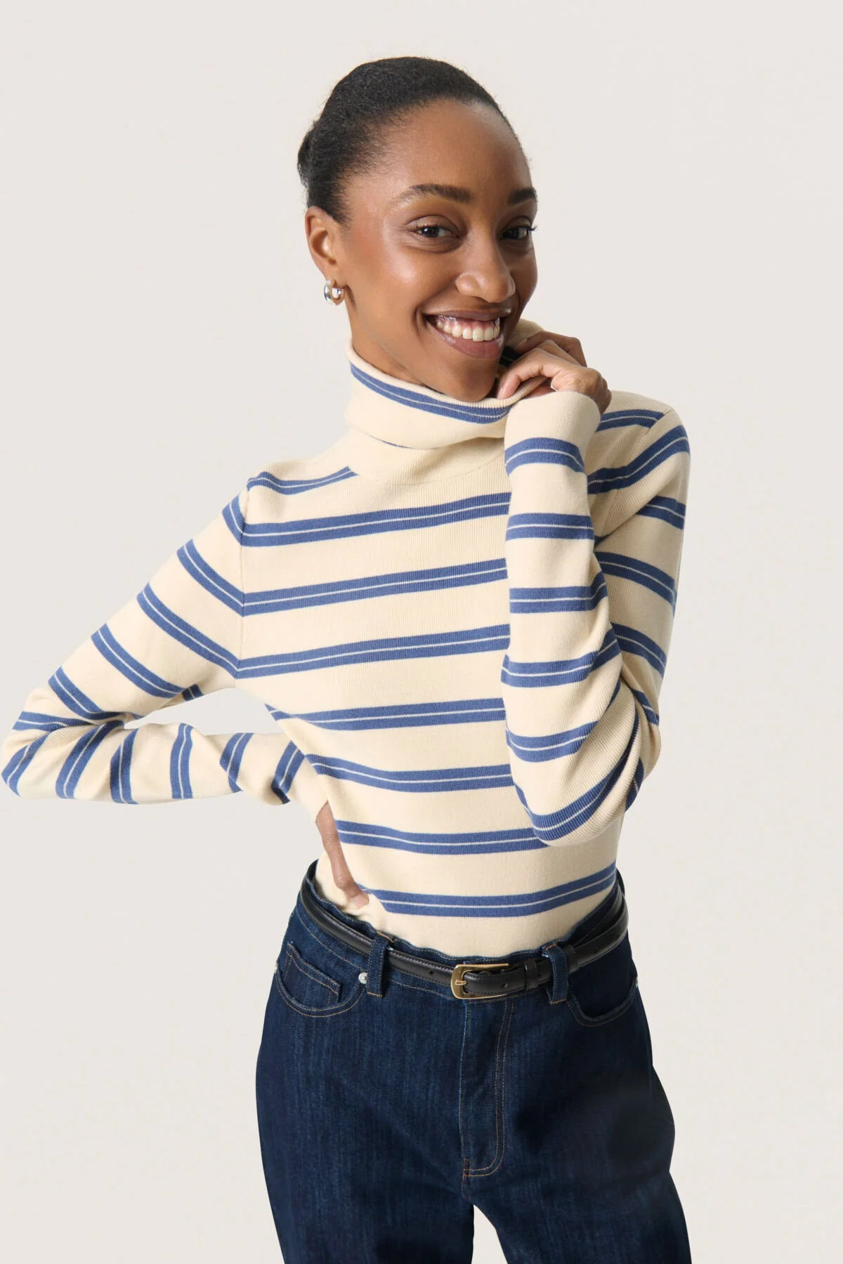 Spina Striped Rollneck - Sandshell with Bijou Blue - Image 4