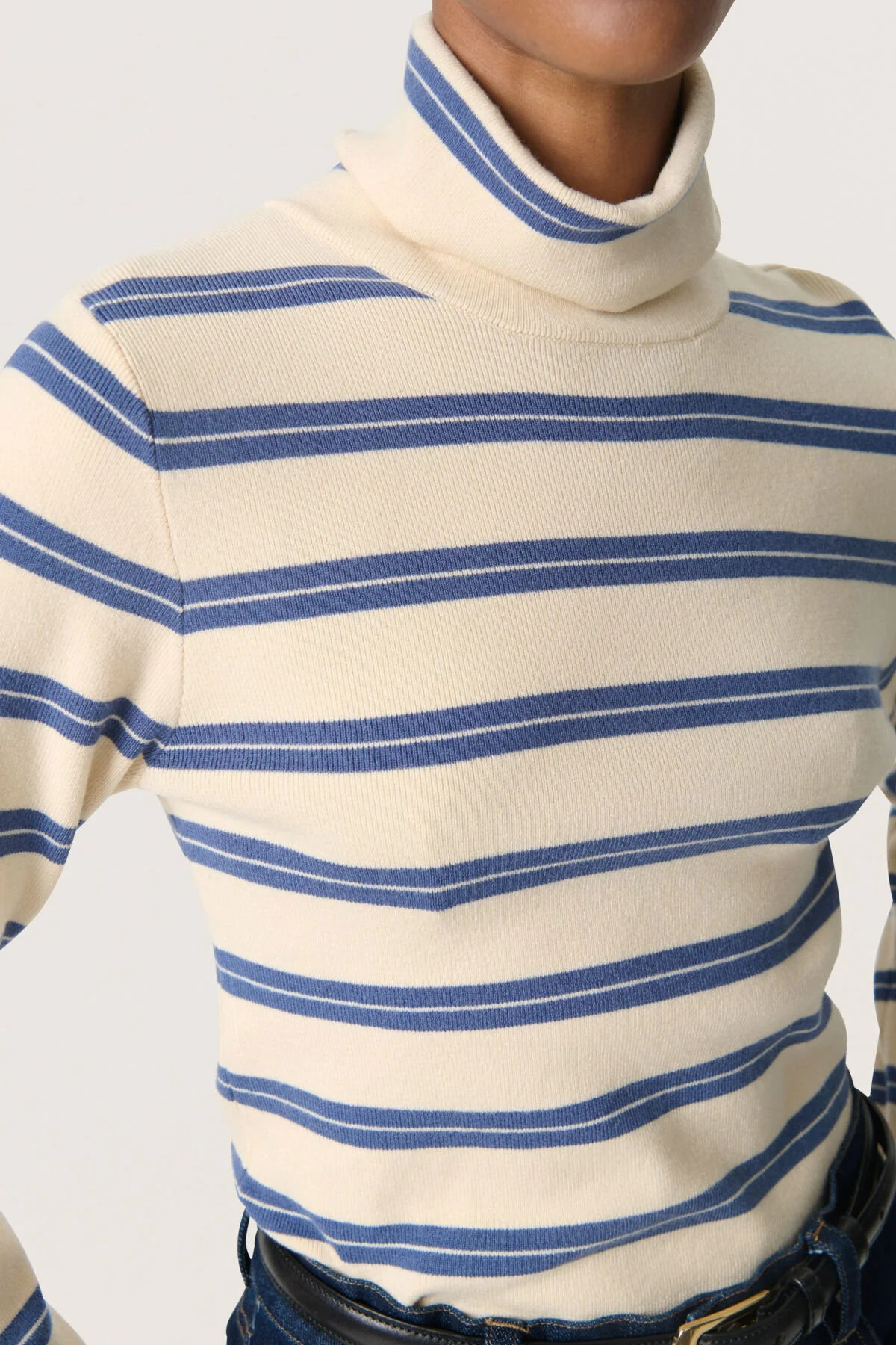 Spina Striped Rollneck - Sandshell with Bijou Blue - Image 5