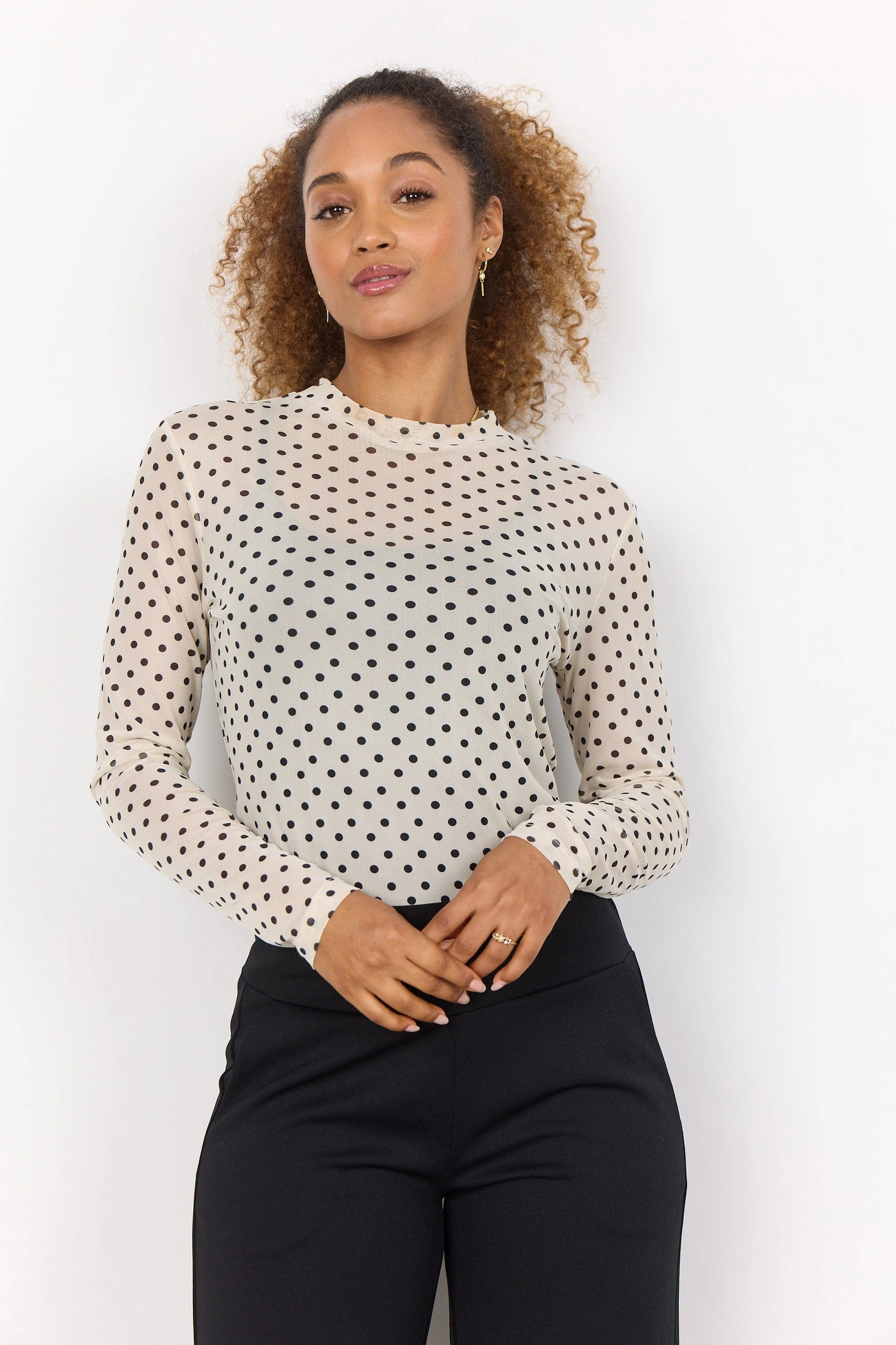 Alda Spot Mesh Long Sleeve Top - Cream Combi - Image 2