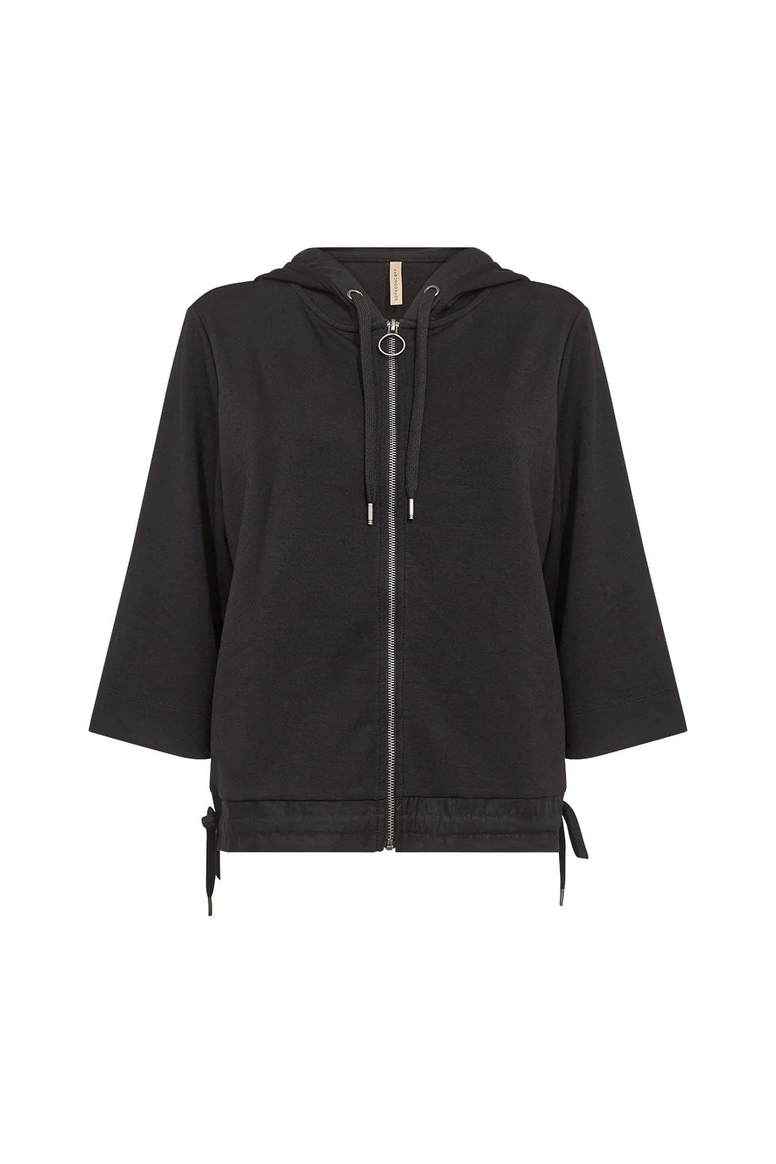 Banu Zip-Up Three Quarter Sleeve Hoodie- Black