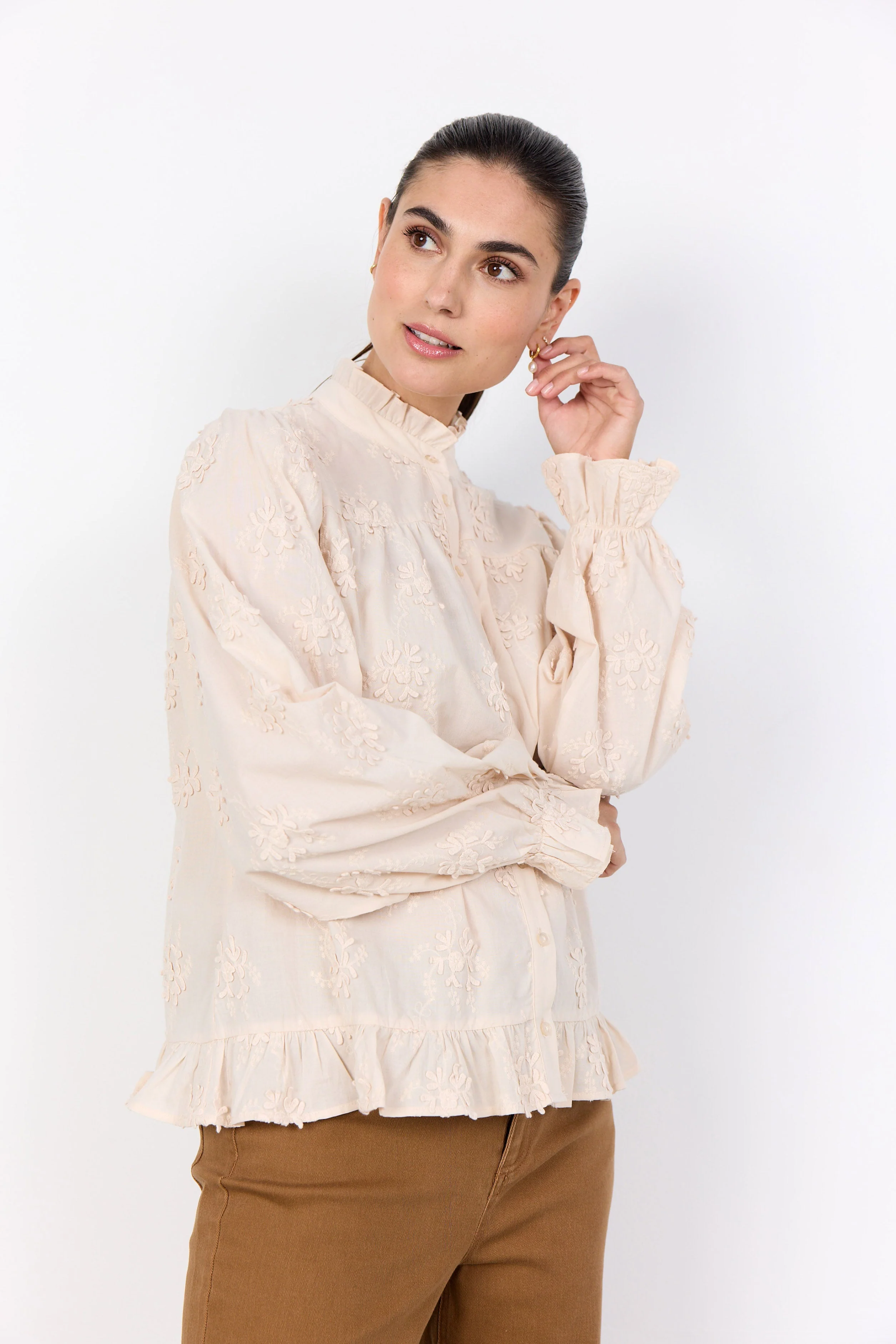Barbra Cotton Applique Ruffle Detail Blouse - Cream - Image 3
