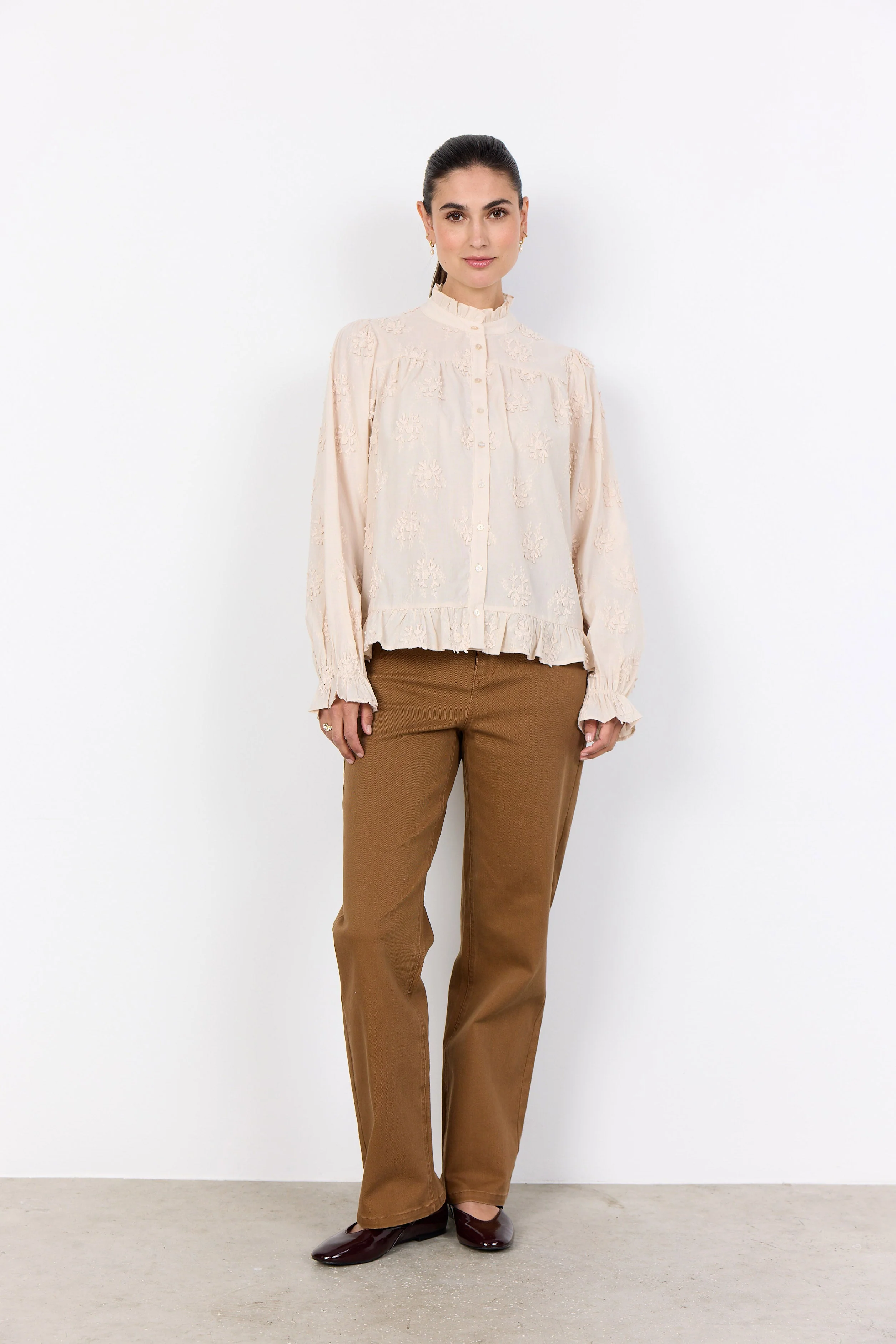 Barbra Cotton Applique Ruffle Detail Blouse - Cream - Image 4