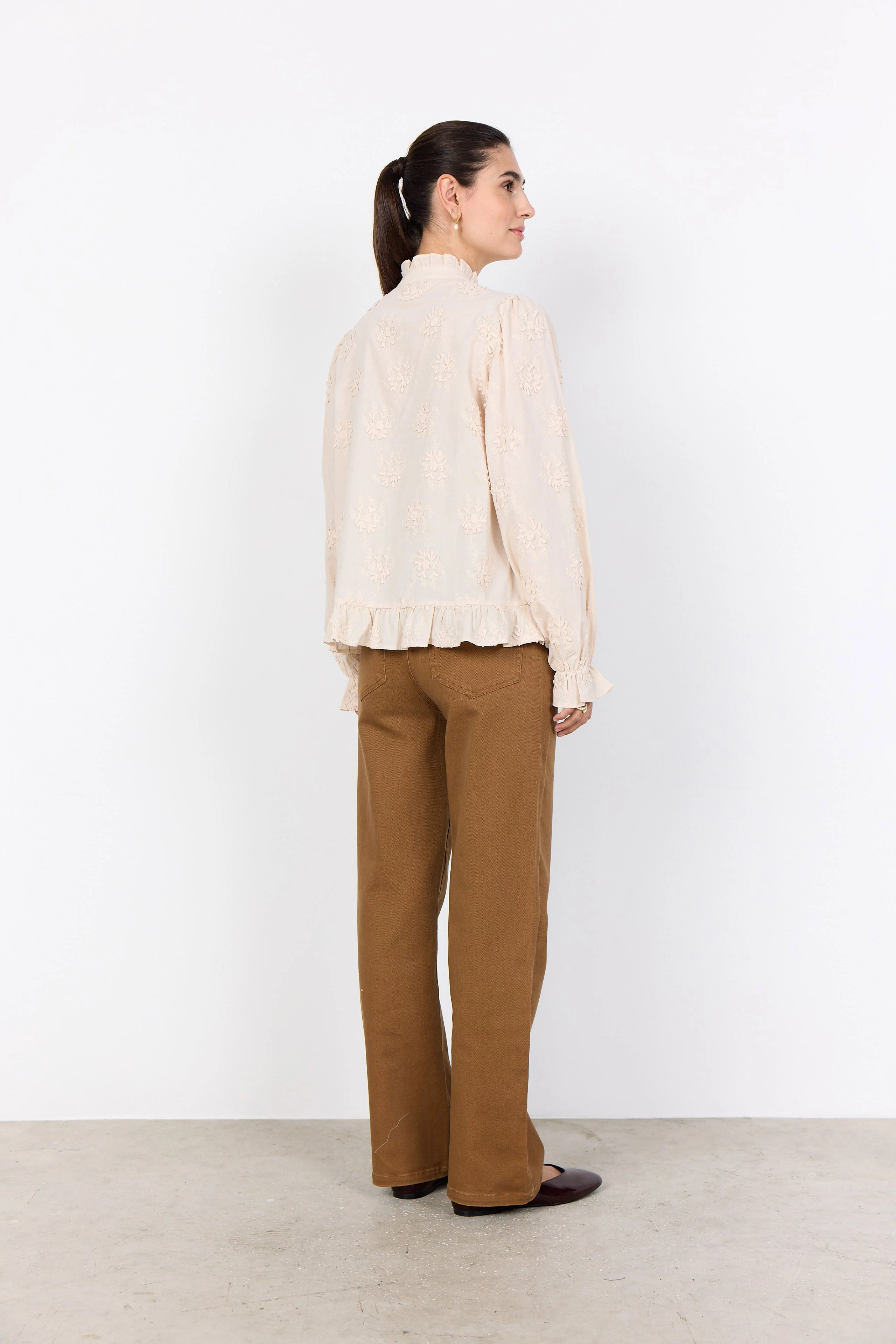 Barbra Cotton Applique Ruffle Detail Blouse - Cream - Image 5