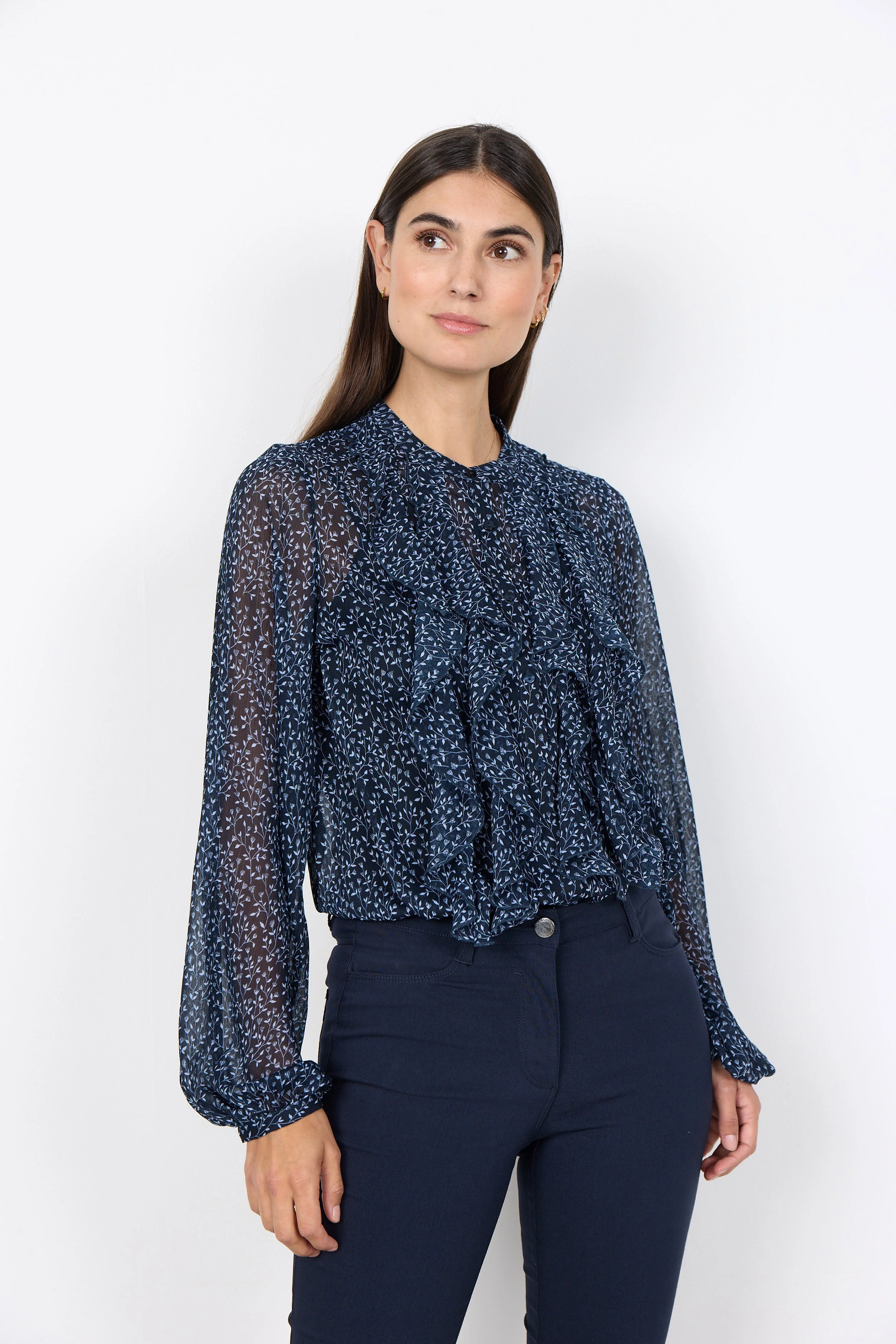 Bebbie Ruffle Detail Blouse - Navy Combi - Image 4