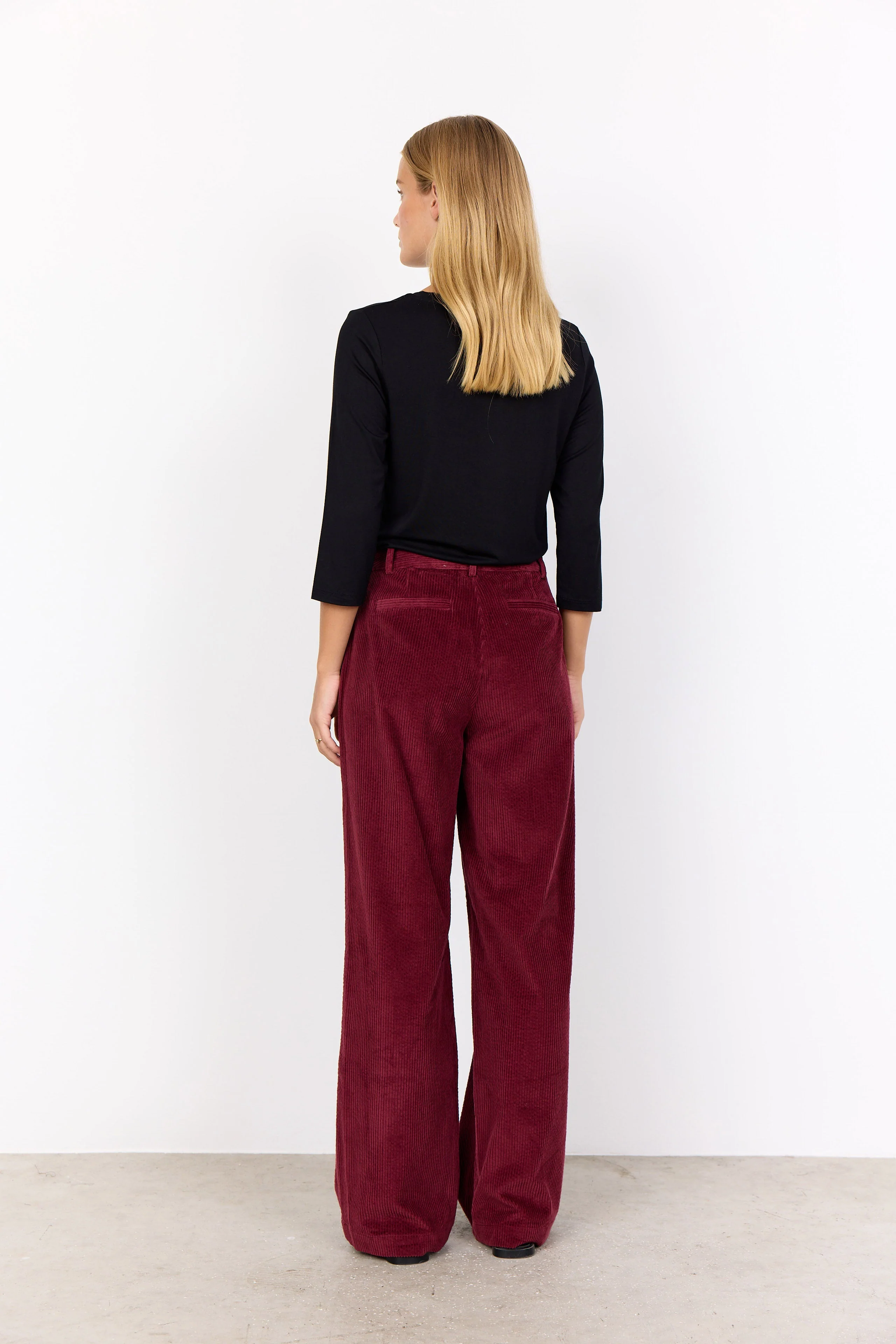Bindi Corduroy Wide Leg Trousers - Dark Red - Image 3