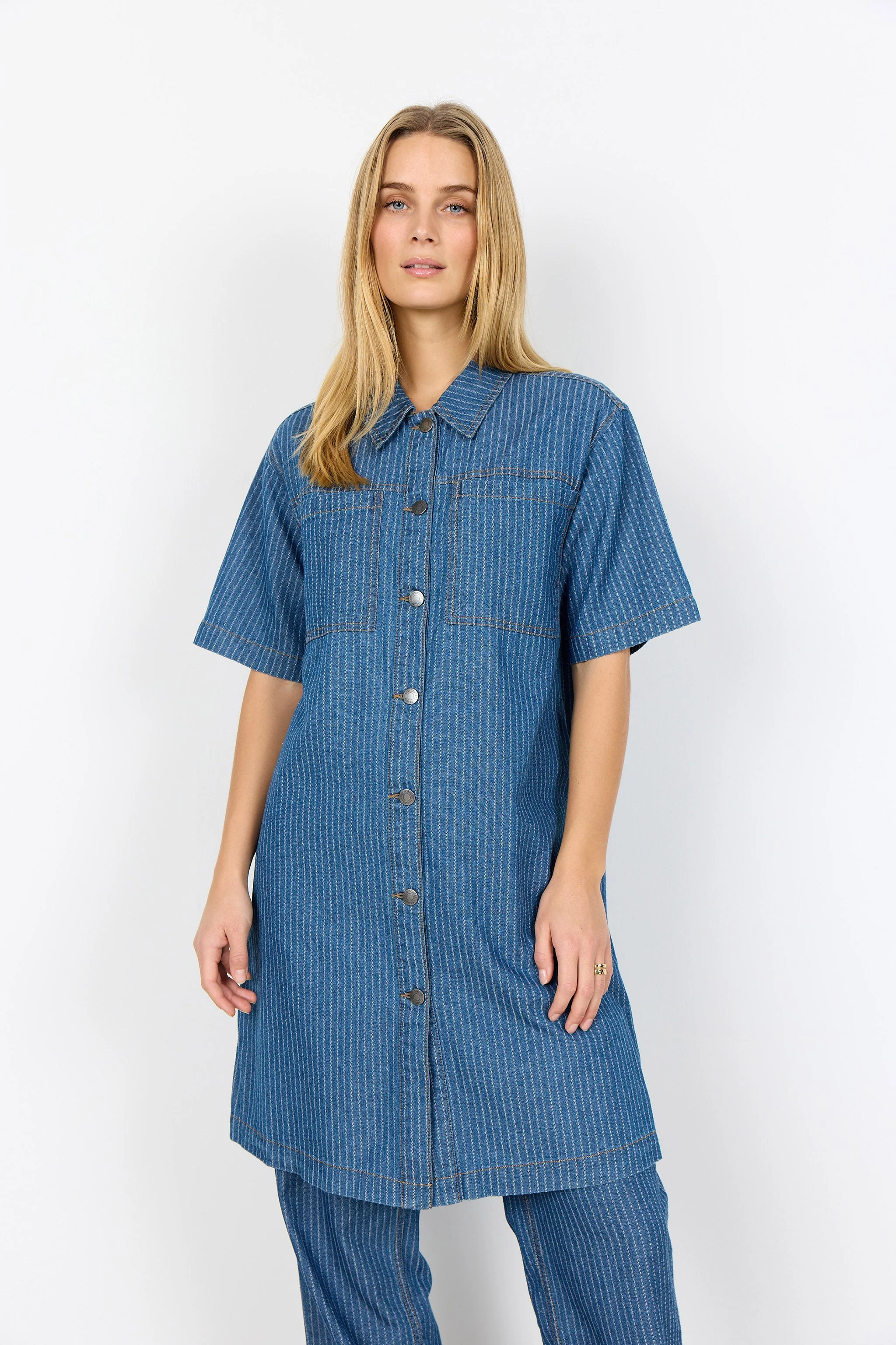 Caisho Denim Pinstripe Shirt Dress - Moonlight Blue Denim - Image 2