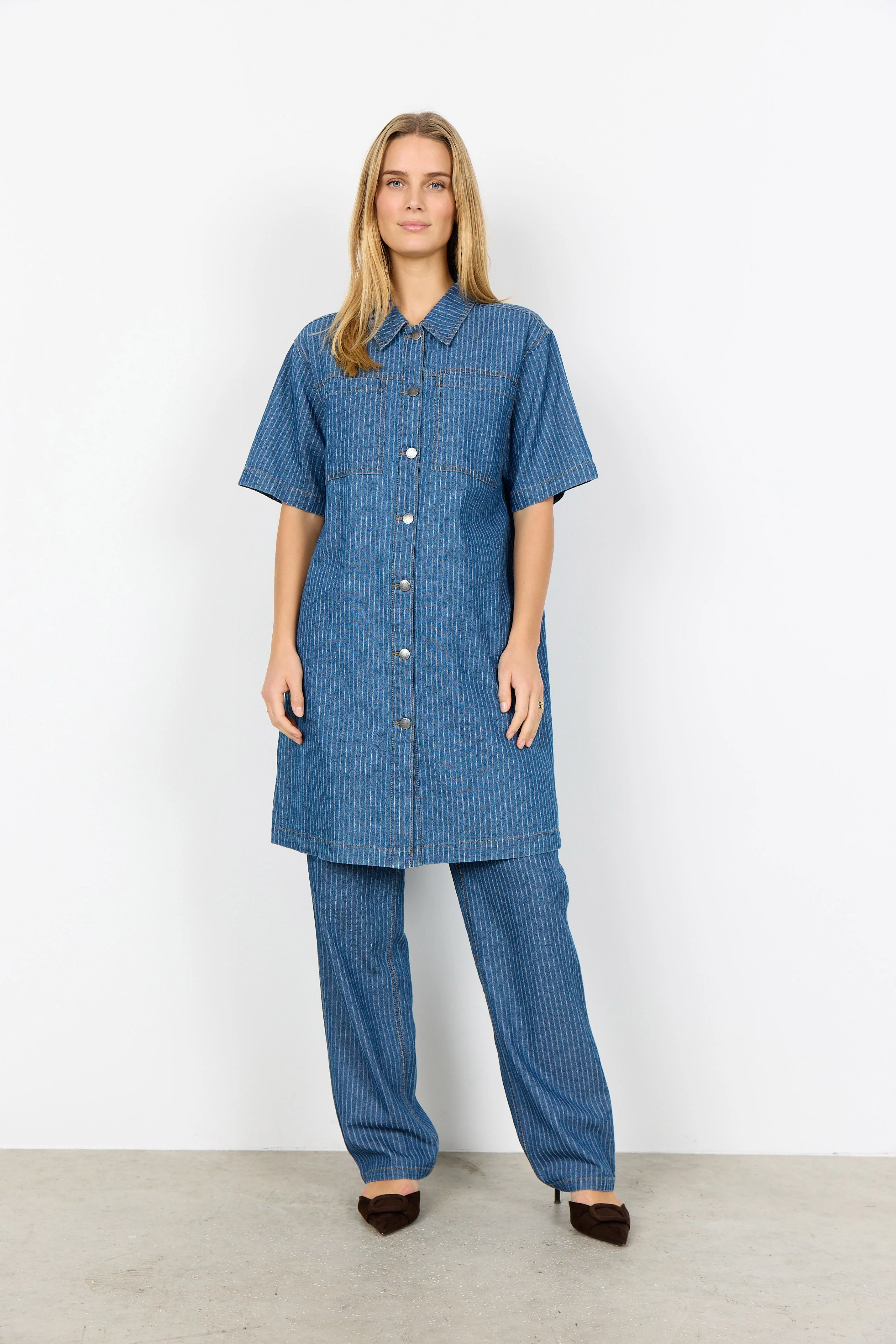 Caisho Denim Pinstripe Shirt Dress - Moonlight Blue Denim - Image 3