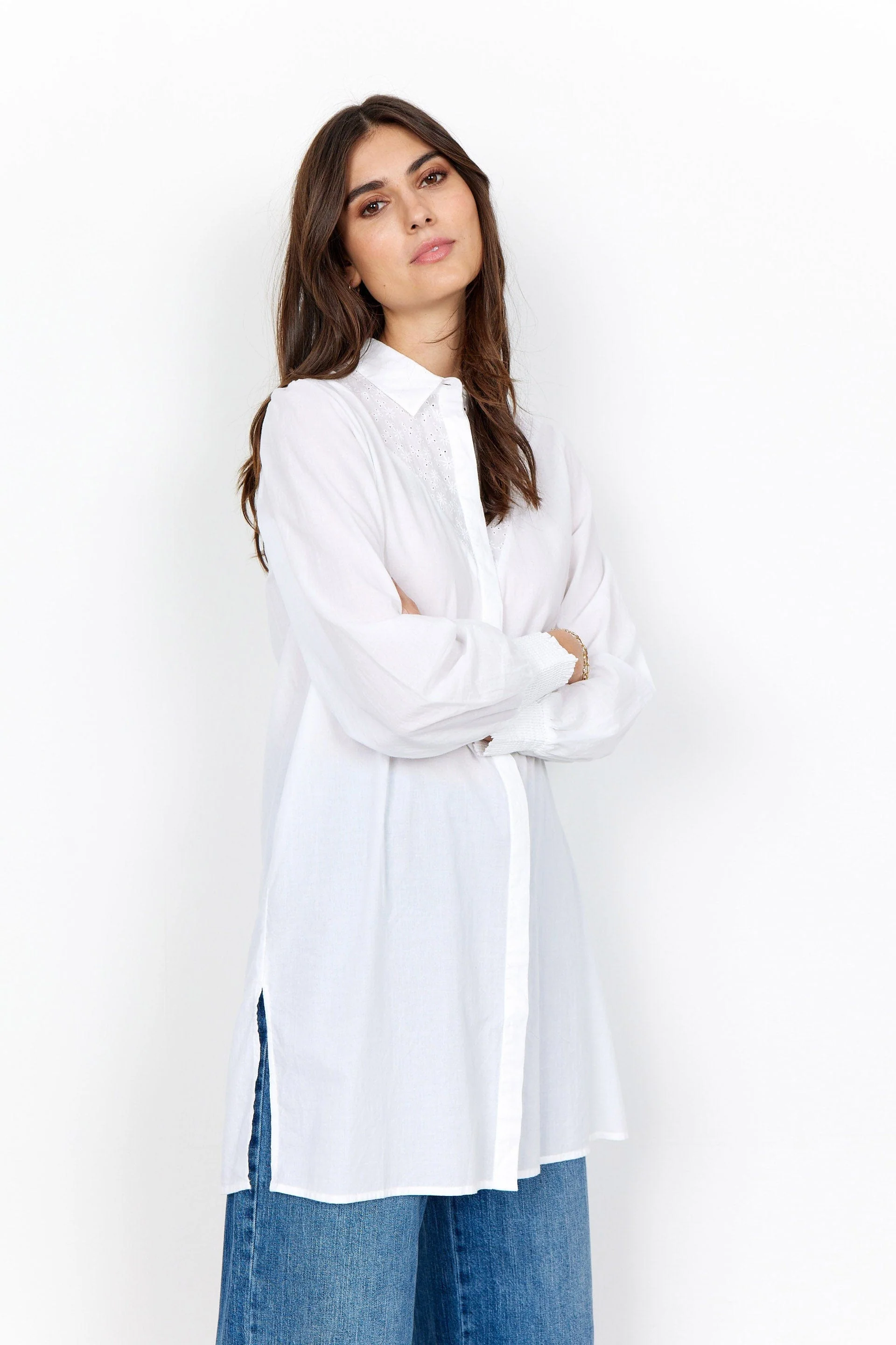 Caliste Broderie Detail Longline Shirt - White - Image 2