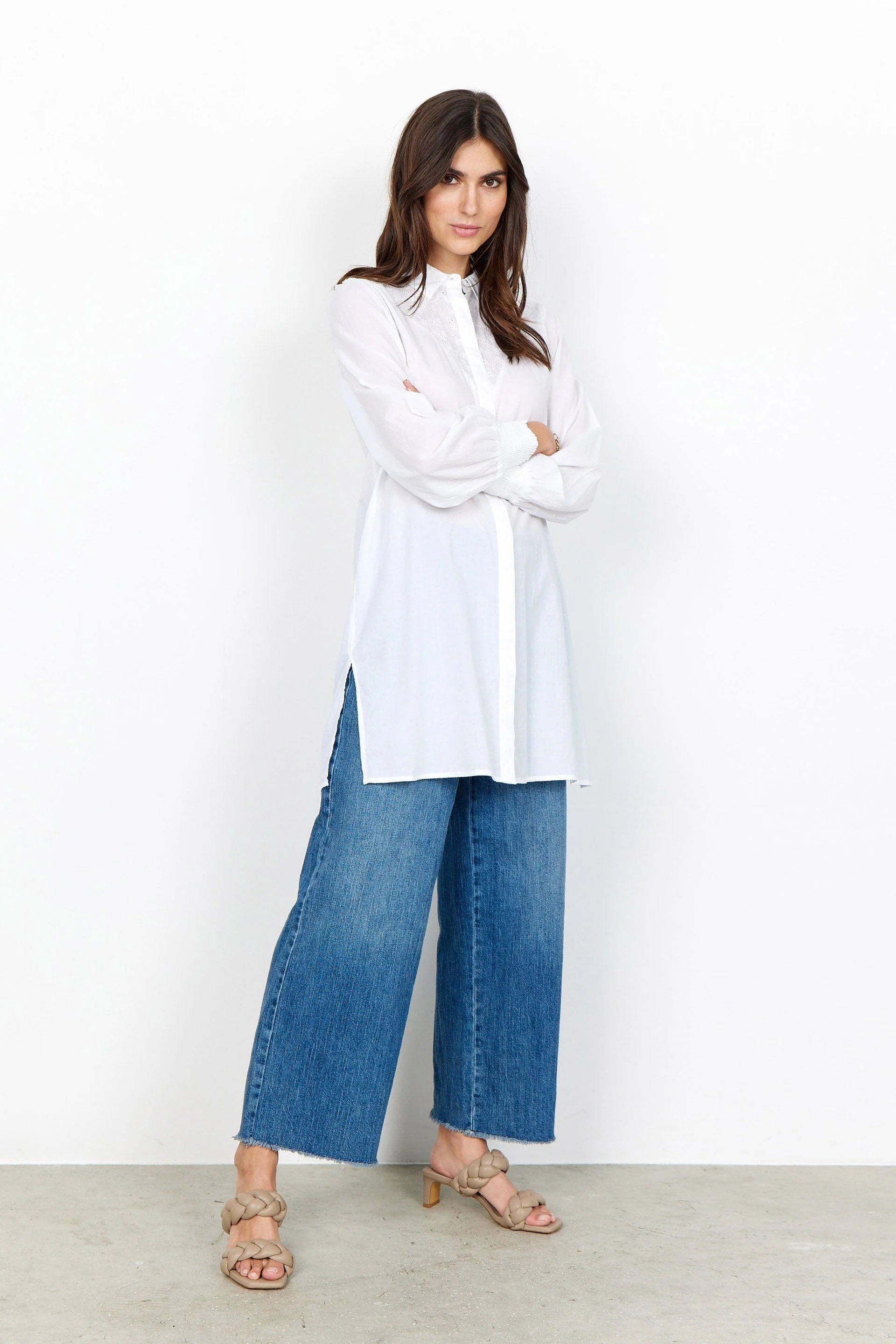 Caliste Broderie Detail Longline Shirt - White - Image 3