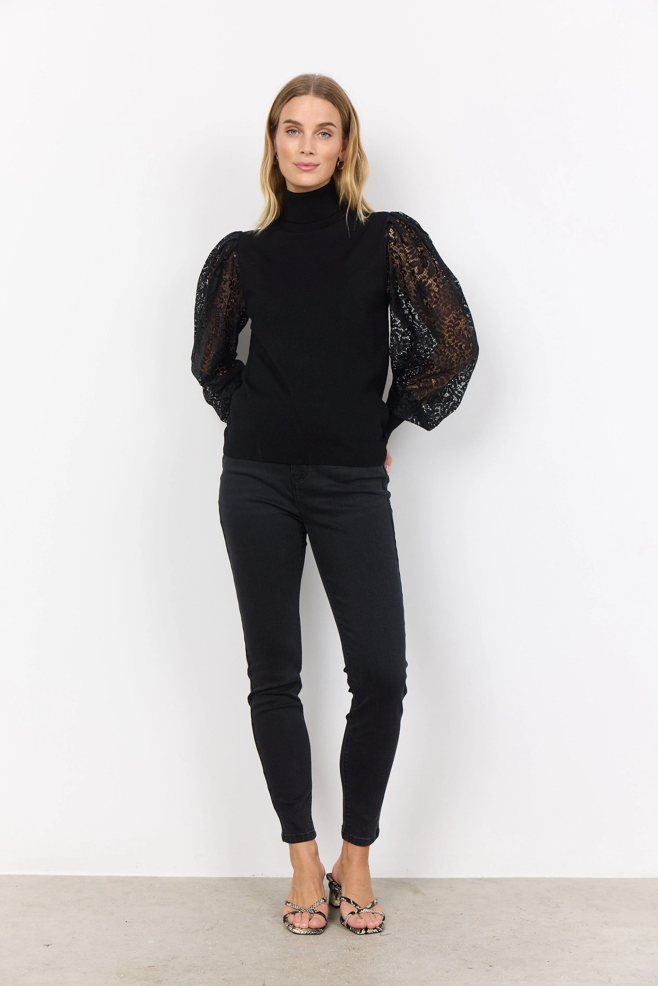 Dollie Knitted Jumper with Lace Sleeves - Black - Image 3