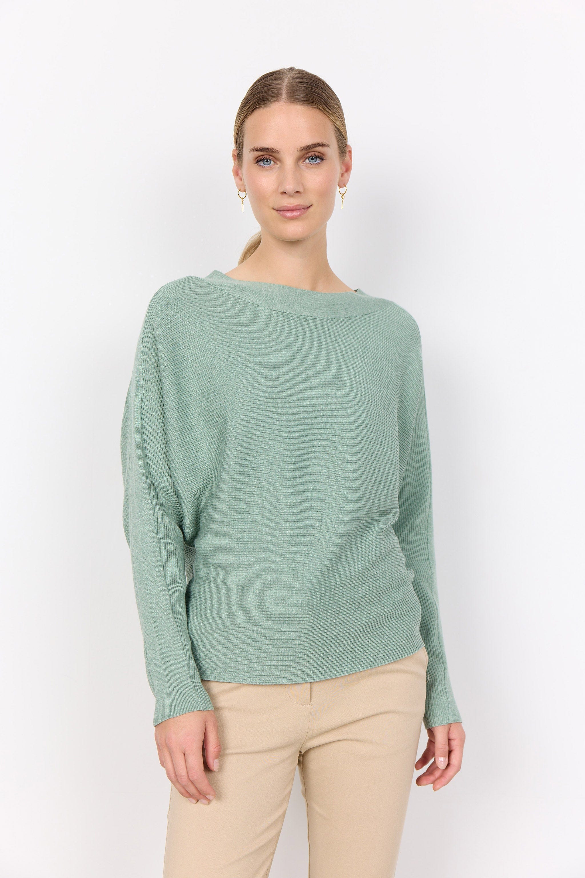 Dollie Knitted Rib Jumper - Mineral Green Melange - Image 2
