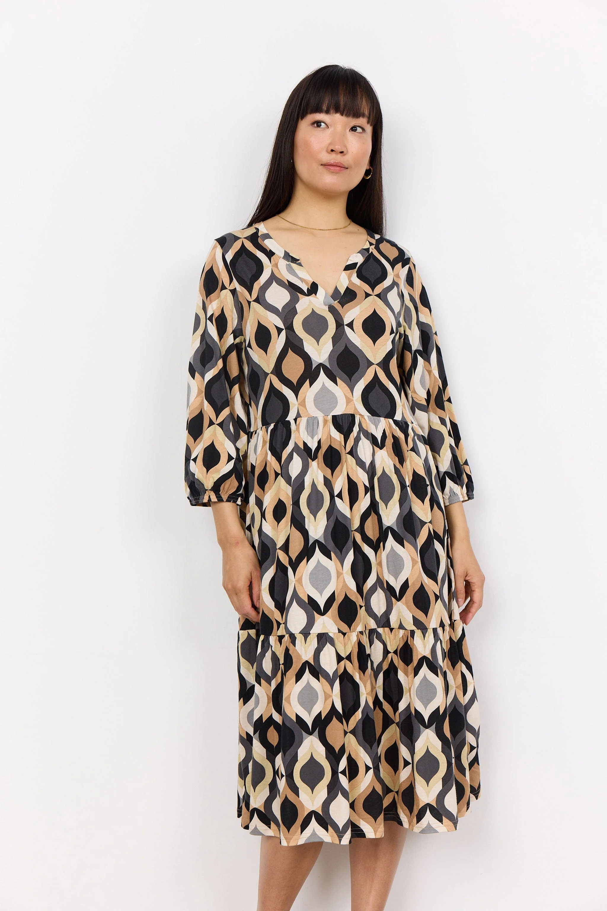 Felicity Printed Midi Jersey Dress - Black Combi - Image 2