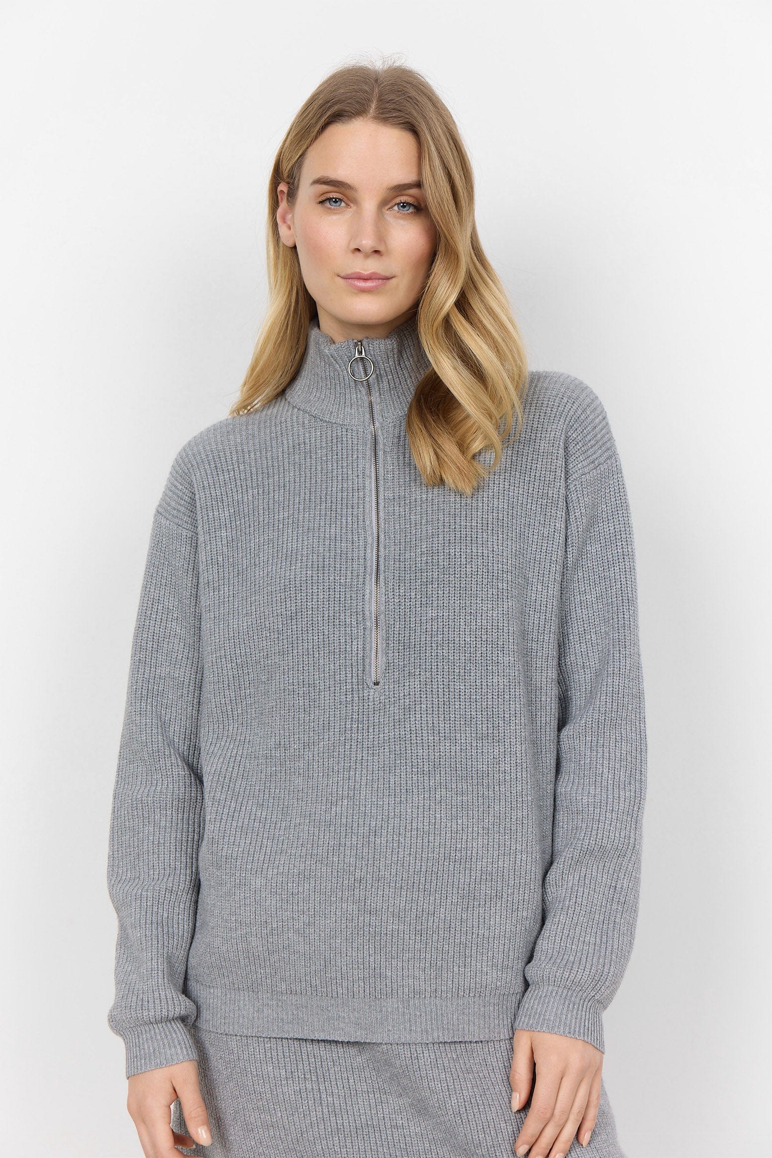 Ilia Quarter Zip Knitted Jumper - Mid Grey Melange - Image 2