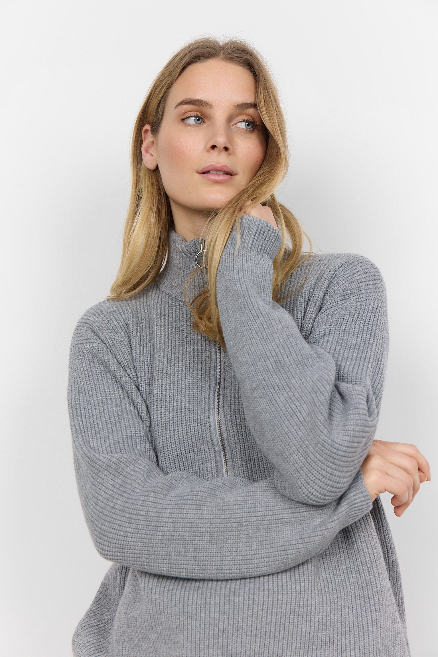 Ilia Quarter Zip Knitted Jumper - Mid Grey Melange - Image 5